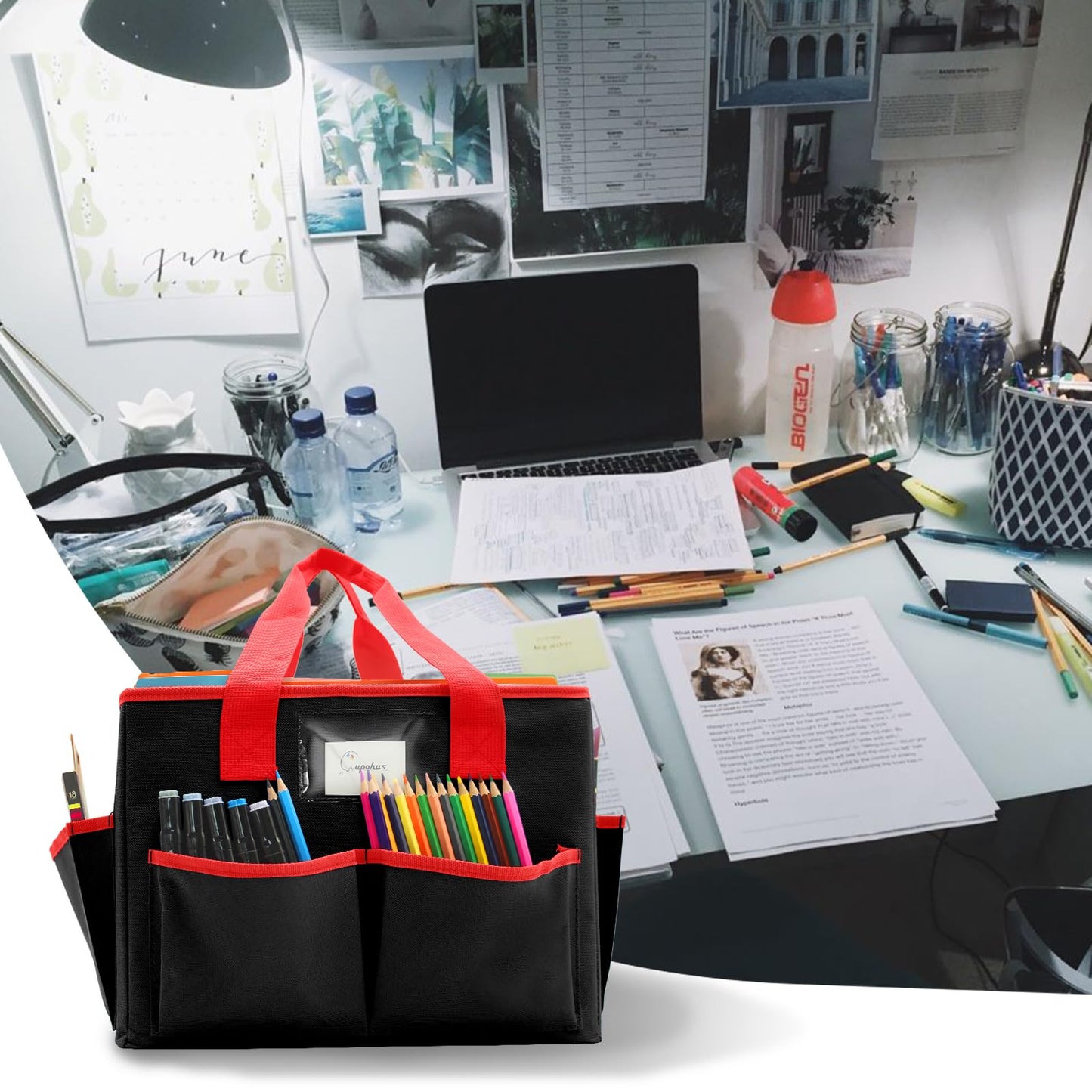 Cupohus Extra Large Art Organizer Craft Storage Tote Bag with Pockets and Hadles, Oxford Fabric Carrying Caddy for Teacher, Officer, Artist, Students, Traveler, and more – Black with Red Edge