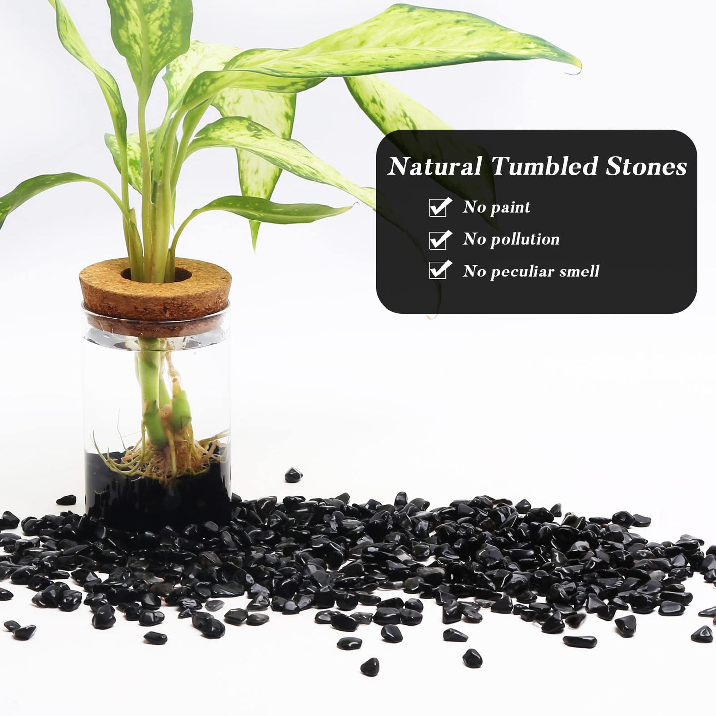 QICQDRAM Black Obsidian Tumbled Stone Chips 0.9 Lb/405g Natural Crystal Stone Decorative Pebbles for Home Decoration & Fish Turtle Tank, Vase Filler, Plants Decor