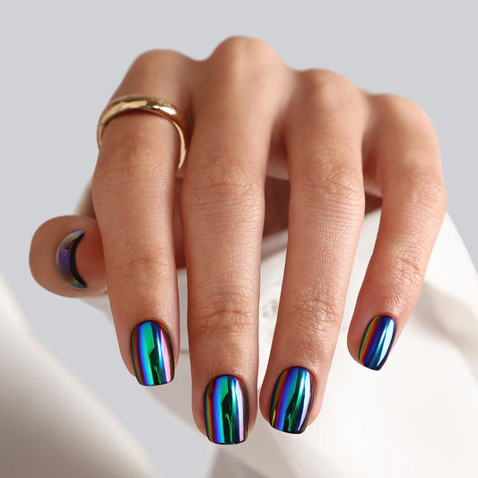 Metallic Chrome Press on Nails Square - SHANGMENG Green Purple Holo Short Nails for Women Gift, Soft Gel Glossy Glue on Nails with Glue in 16 Sizes - 32 Reusable Fake Nails Kit, Liquid Metal