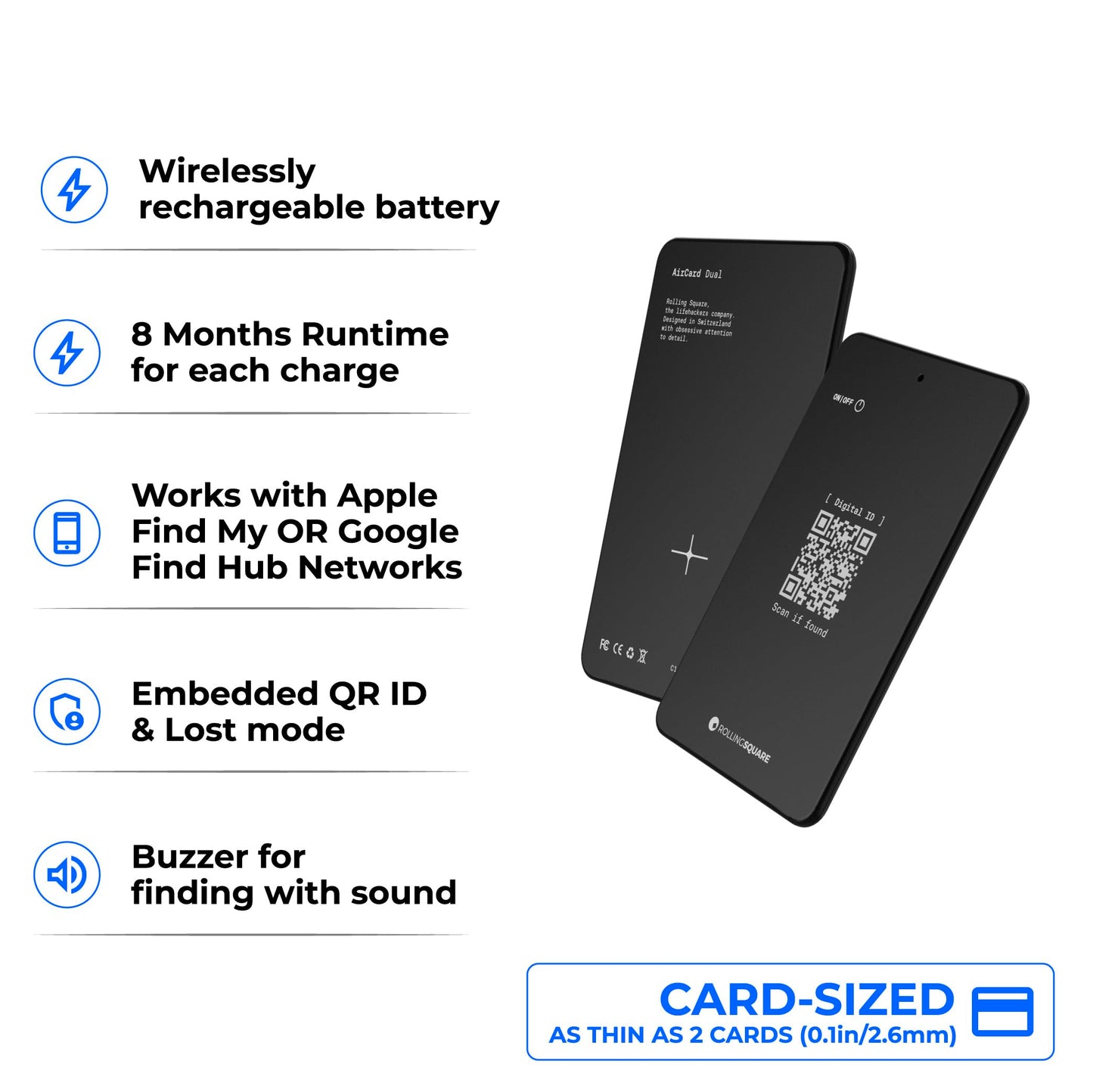 Rolling Square AirCard Dual - Bluetooth Wallet Tracker - Compatibile with Both Apple iOS Find My and Google Android Find Hub – Wireless Charging, Anti-Loss Card – Smart Locator, Black
