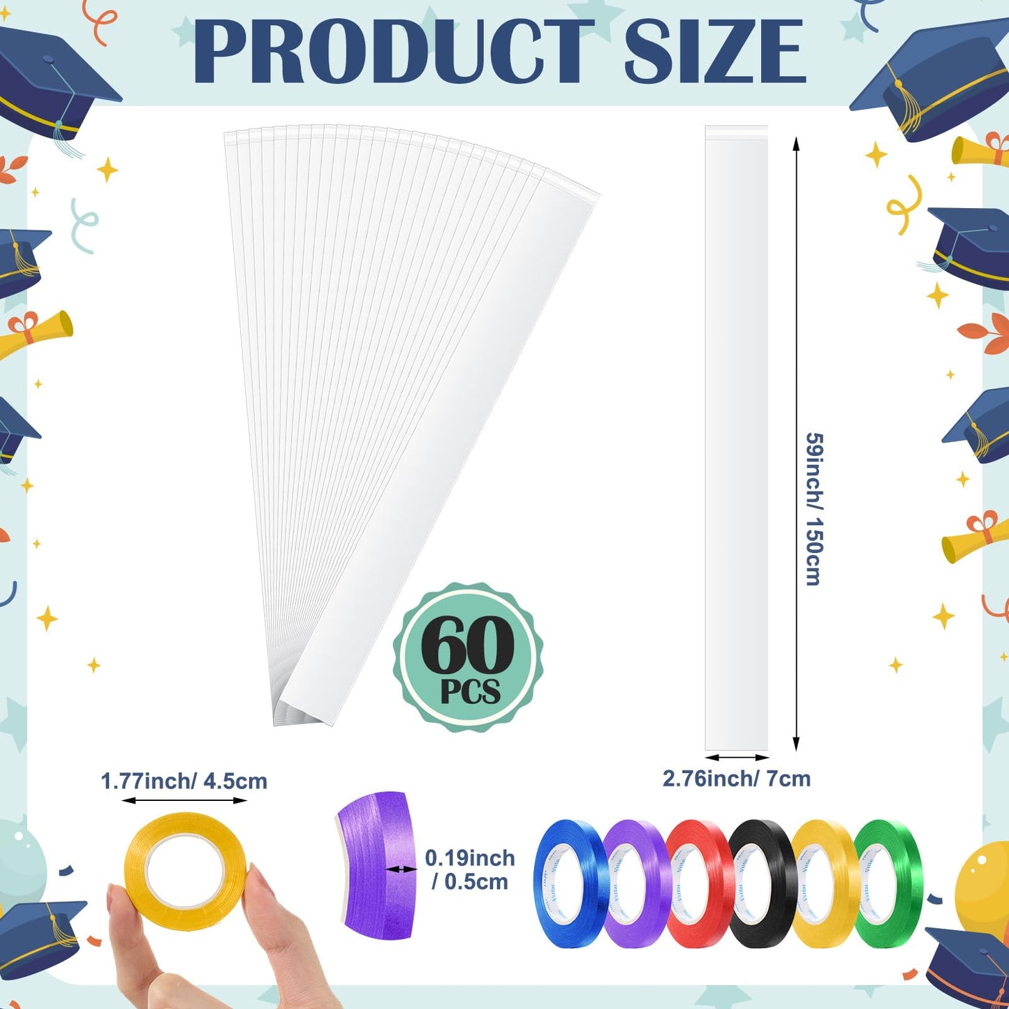 Spakon 60 Pcs 2.76 Inch x 59.06 ft Clear PE Poly Tubing Graduation Candy Wreath Making Kit, 6 Rolls 32.81 ft 6 Colors Ribbon for Graduation Packing DIY Snacks Candy Party Lei Kit