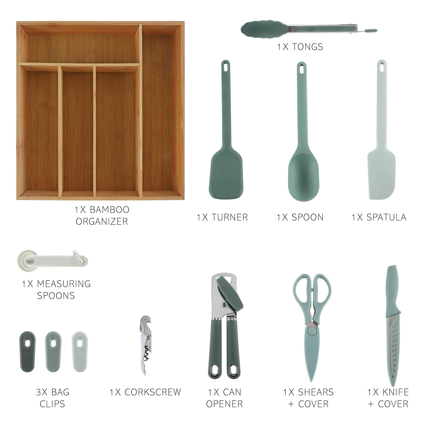 COOK WITH COLOR Bamboo Kitchen Utensil Set with Drawer Organizer | Cooking Tools and Storage Caddy, Sage, 18 Piece Gadget Set