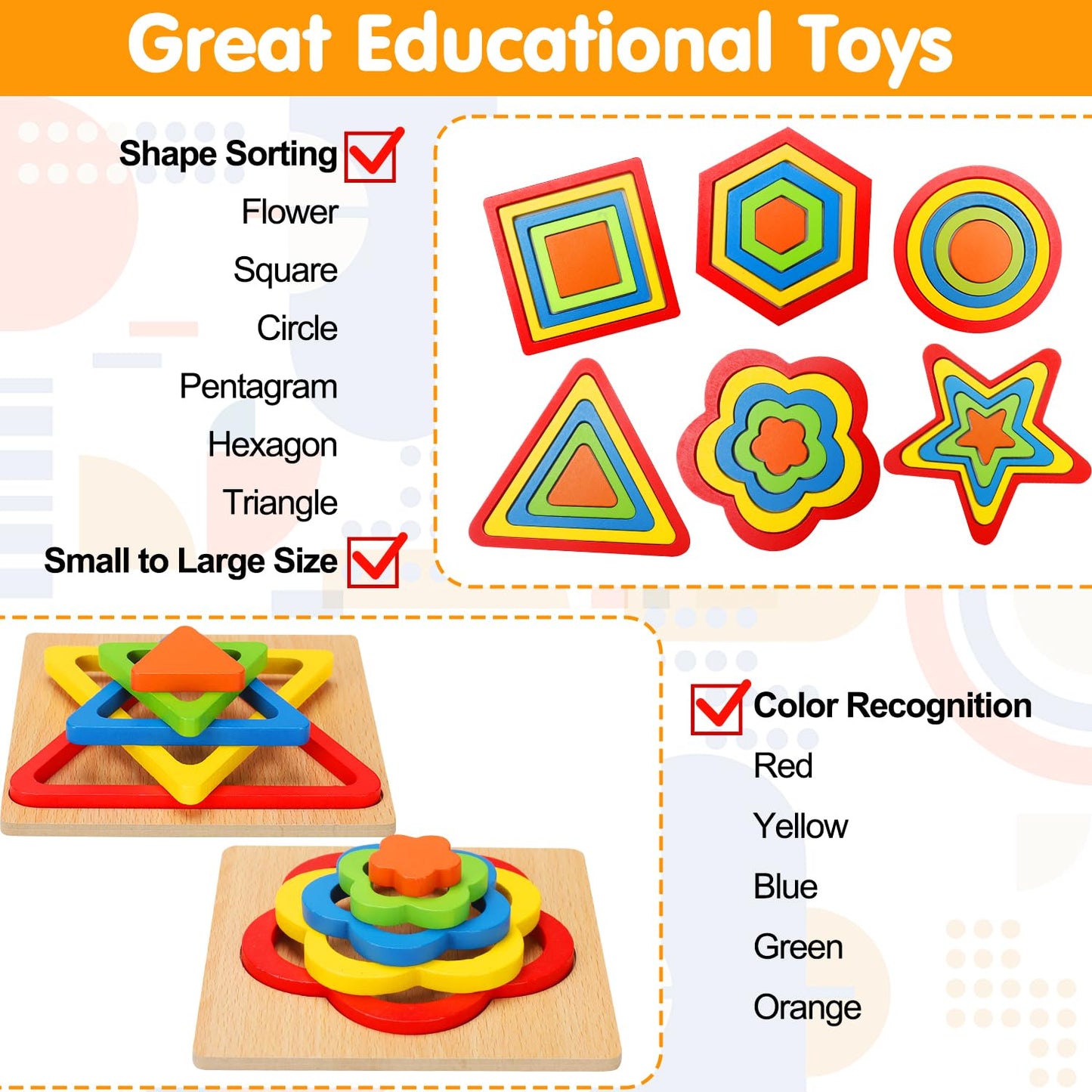 Toddler Puzzles Montessori Toy Wooden Shape Sorting Puzzle Sensory Toy Toddler Activities Preschool Learning Educational Autistic Developmental 1 2 3 Year Old Girl Boy 1-3 Dementia Game Easter Gift