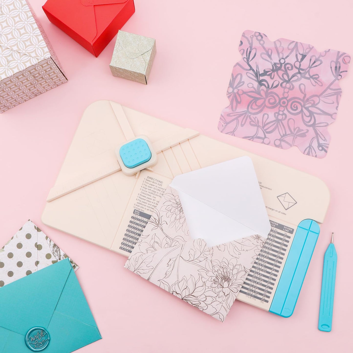 BAOFALI 3-in-1 Punch Board for Envelopes Gift Boxes Bows with Indentation Pen for Creating Custom Envelopes, Bows, and Gift Boxes Birthday Party of Different Sizes. Card Making and DIY Projects