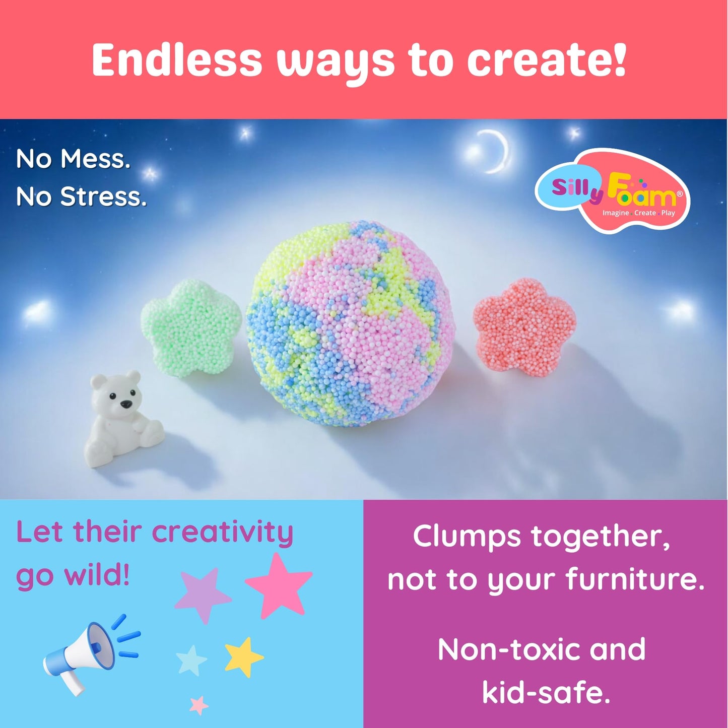 Silly Foam, Creative Modeling Foam Beads, 1-Pack of 6 Neon Pastel Colors, Perfect for Preschool and Kids, Arts & Crafts, Sensory Play, STEM, Travel Toy, Easter Basket Stuffers, Non-Toxic (Age 3+)