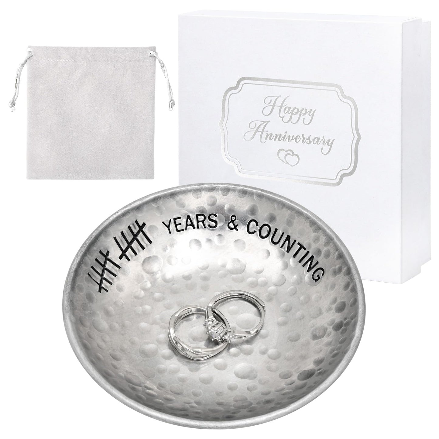 CEELGON 10 Year Wedding Anniversary Tin Gifts - 4" Tin Jewelry Tray Engraved Aluminum Decorative Dish for Couple