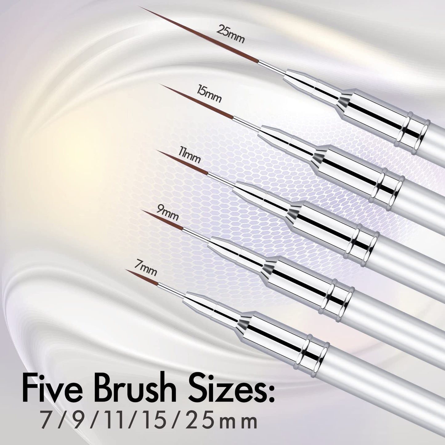 Eptbsdu 5PC Nail Art Brush Set - Long Lines, Liner, UV Gel Polish, Metal Handle, Sizes 7/9/11/15/25mm