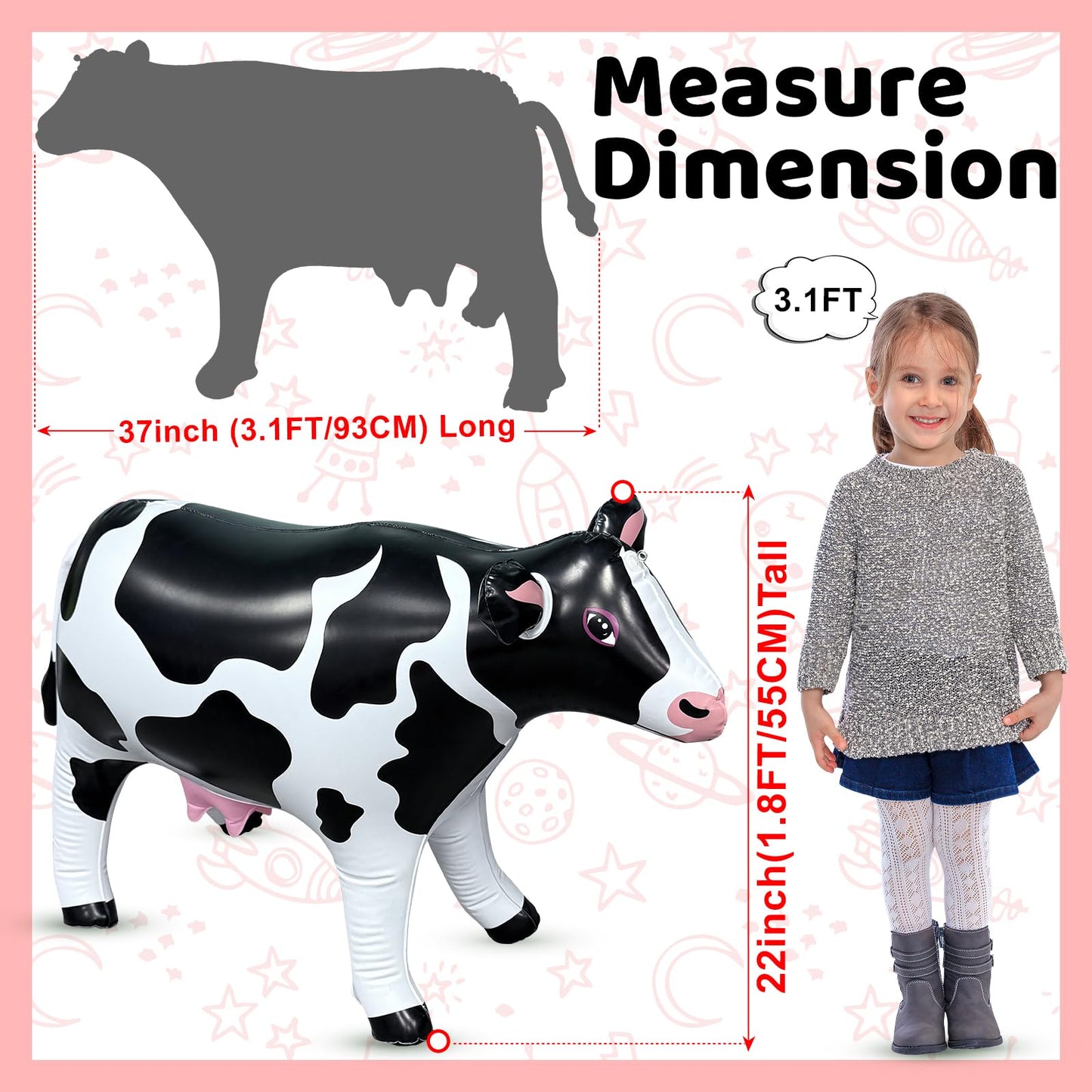 37" Long Inflatable Cow for Inflatable UFO 22" Tall Giant Cow Blow Up Decorations Animals Theme Outdoor Party Indoor Decor
