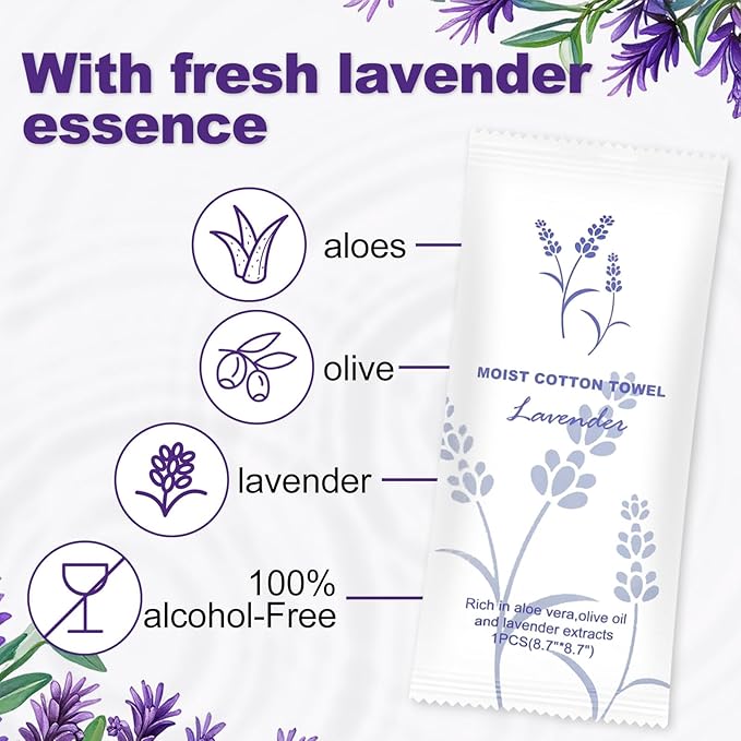 Moist Cotton Towel Bulk Moist Towelettes Individually Wrapped,White Towel Services,Refreshment Pre Moistened Towels for Dentist Travel Sport Party Hotel 400,Lavender