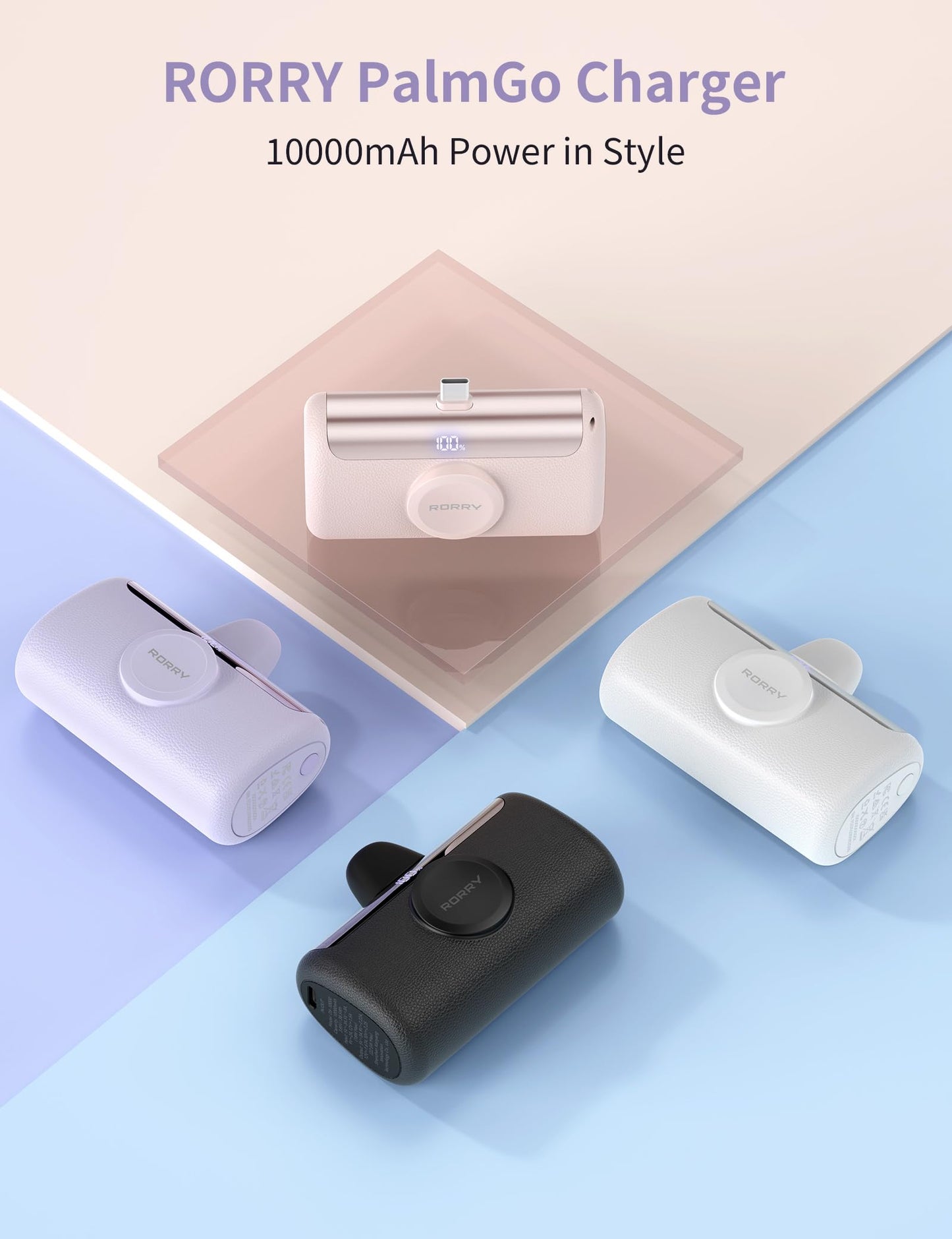 RORRY PalmGo Portable Charger, 10000mAh PD 22.5W Fast Charging Mini Power Bank with Built-in USB C Connector, 3-in-1 Battery Pack for iPhone 17/16/15 Pro/Max, Apple Watch Ultra/11/10/SE, iPad, White