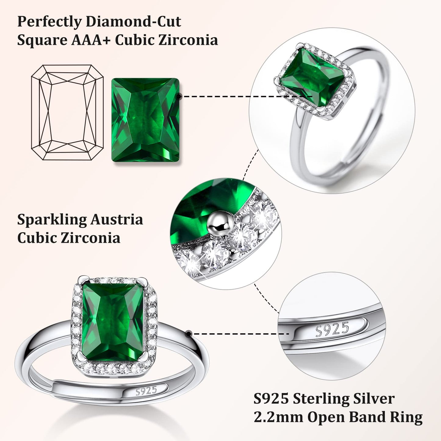 Bestyle Square May Emerald Birthstone Rings Embellished with White Cubic Zirconia Minimalist Sterling Silver Open Band Gemstone Rings for Birthday/Christmas/Party/Anniversary/Wedding