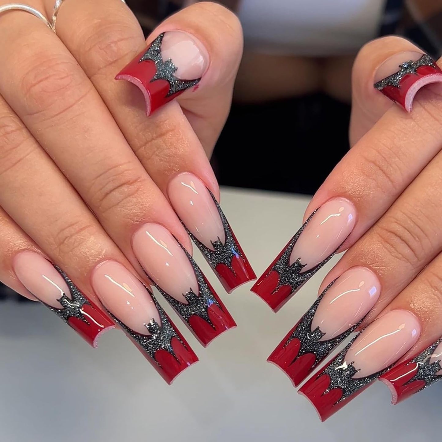 Vezocim Red Press on Nails Coffin Long French Tips Glossy Full Cover Acrylic Square Fake Nails with Bat Designs Extra Long Artificial False Nails Glue Stick on Fingernails with Charm for Women