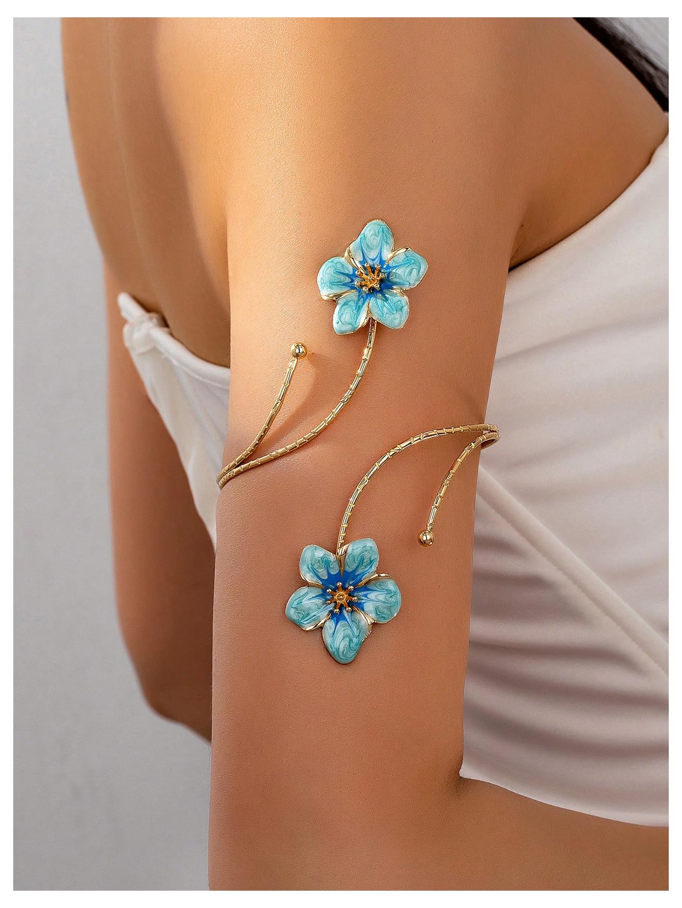 MakeMeChic Beach Gold Arm Cuff Jewelry for Women Bangle Band Armlet Flower Upper Arm Cuff Bracelet Summer Beach Essentials Blue One-Size