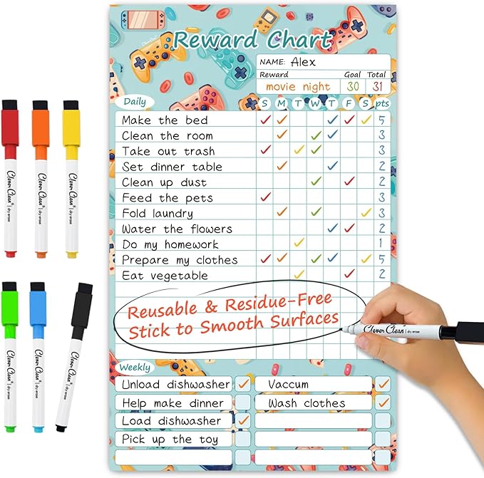 Clever Clean Dry Erase Chore Chart for Kids, Reusable Reward Chart, Non-Magnetic Kids Chore Board Clings to Any Smooth Surfaces, 6 Dry Erase Markers Included (Video Game)