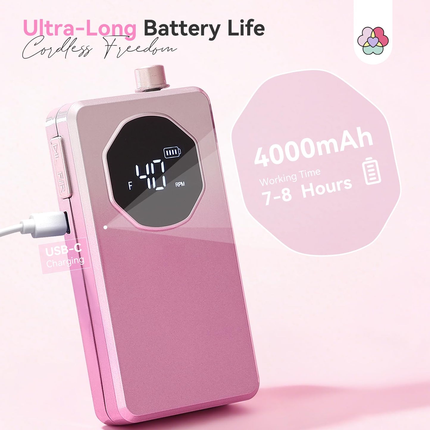 SAVILAND 2026 Electric Nail Drill Professional: 40000RPM 30-Second Removal & All-Day Runtime, Nail File with LED Display & Complete Bits Set for Acrylic, Dip Nails, Salon & Home Use (Gradient Pink)