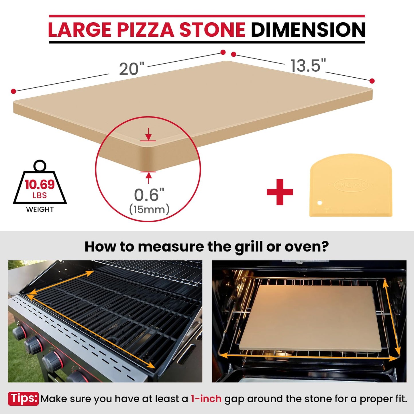 Unicook Large Pizza Stone for Oven 20 Inch, Rectangular Baking Stone 20" x 13.5" x 0.6", Heavy Duty Cordierite Bread Pan, Thermal Shock Resistant, Ideal for Baking Large or 2 Personal Pizzas