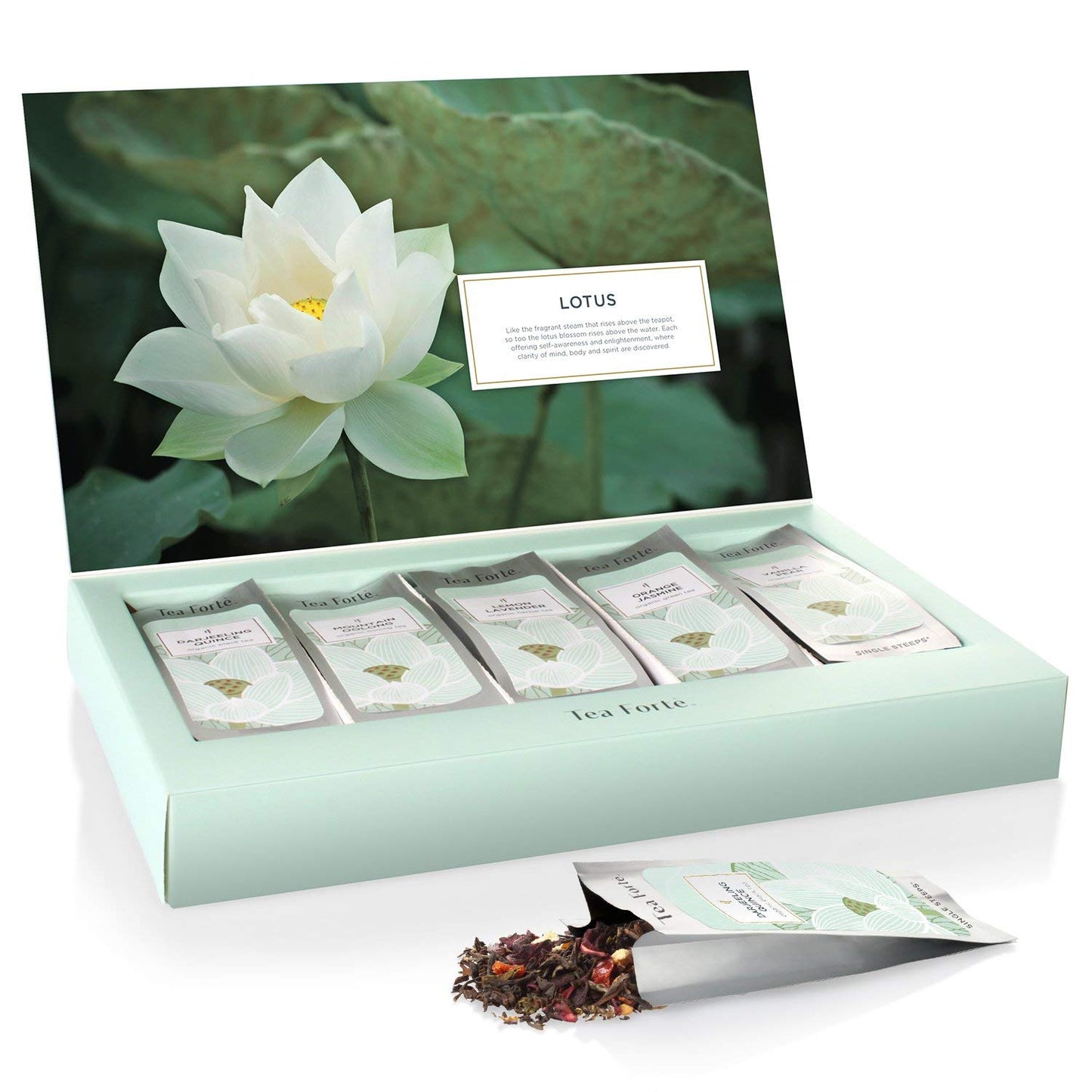 Tea Forte Single Steeps Loose Leaf Tea Sampler, Assorted Variety Tea Box, 15 Single Serve Pouches, Gifts for Mom, Lotus Tea