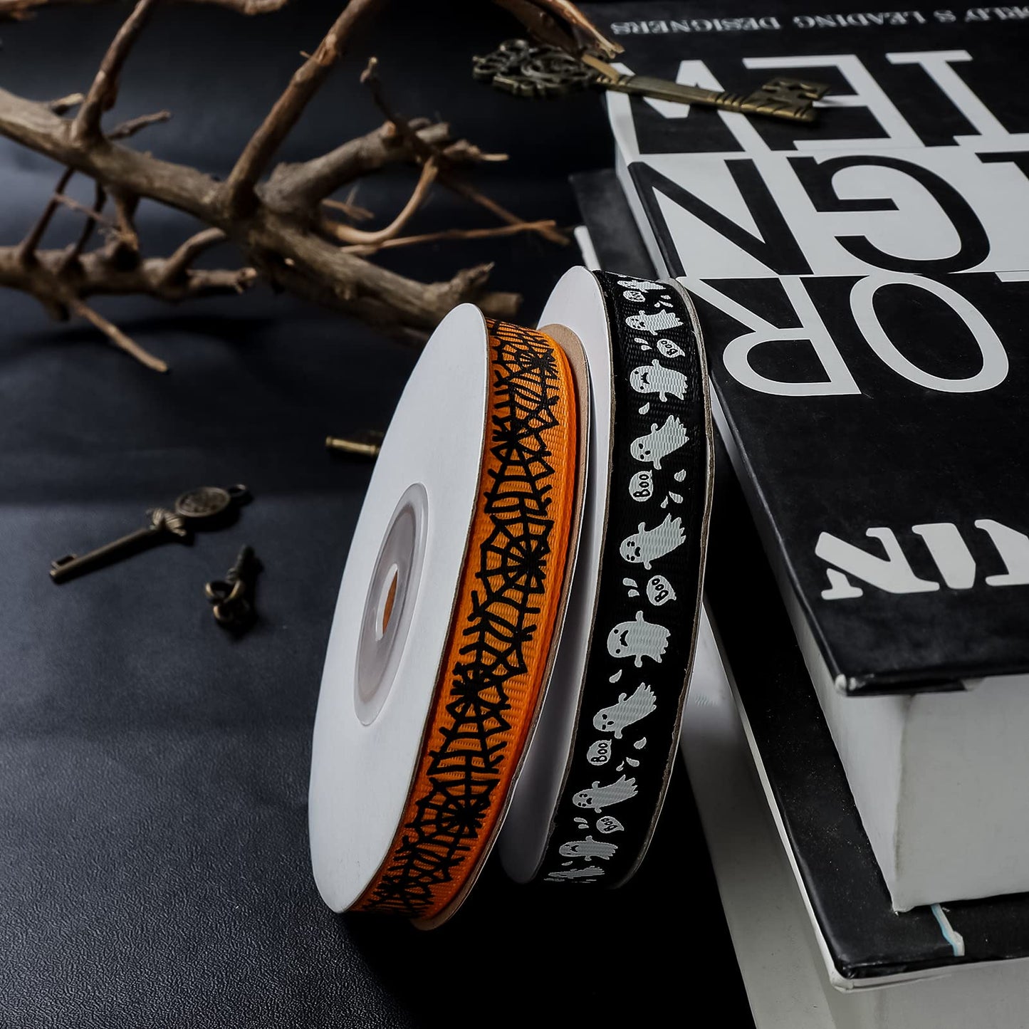 Linsoir Beads 70 Yards Halloween Grosgrain Ribbons Bat Spider Printed Ribbons Witch Hat Skull Pumpkin Ghost Printed Ribbons Assorted Halloween Decorative Wrapping Ribbons for Halloween Home Wreath