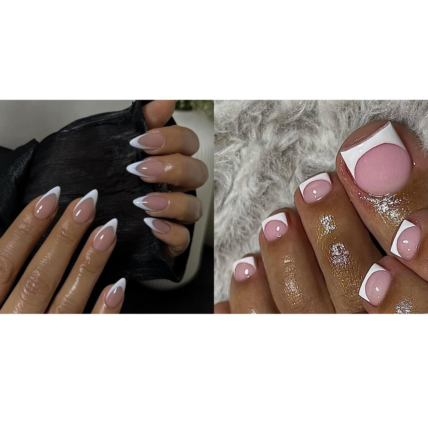 KQueenest White French Tip Press on Nails Almond & Press on Toes Short Square For Summer Beach Party Daily Decoration in 60 Pcs