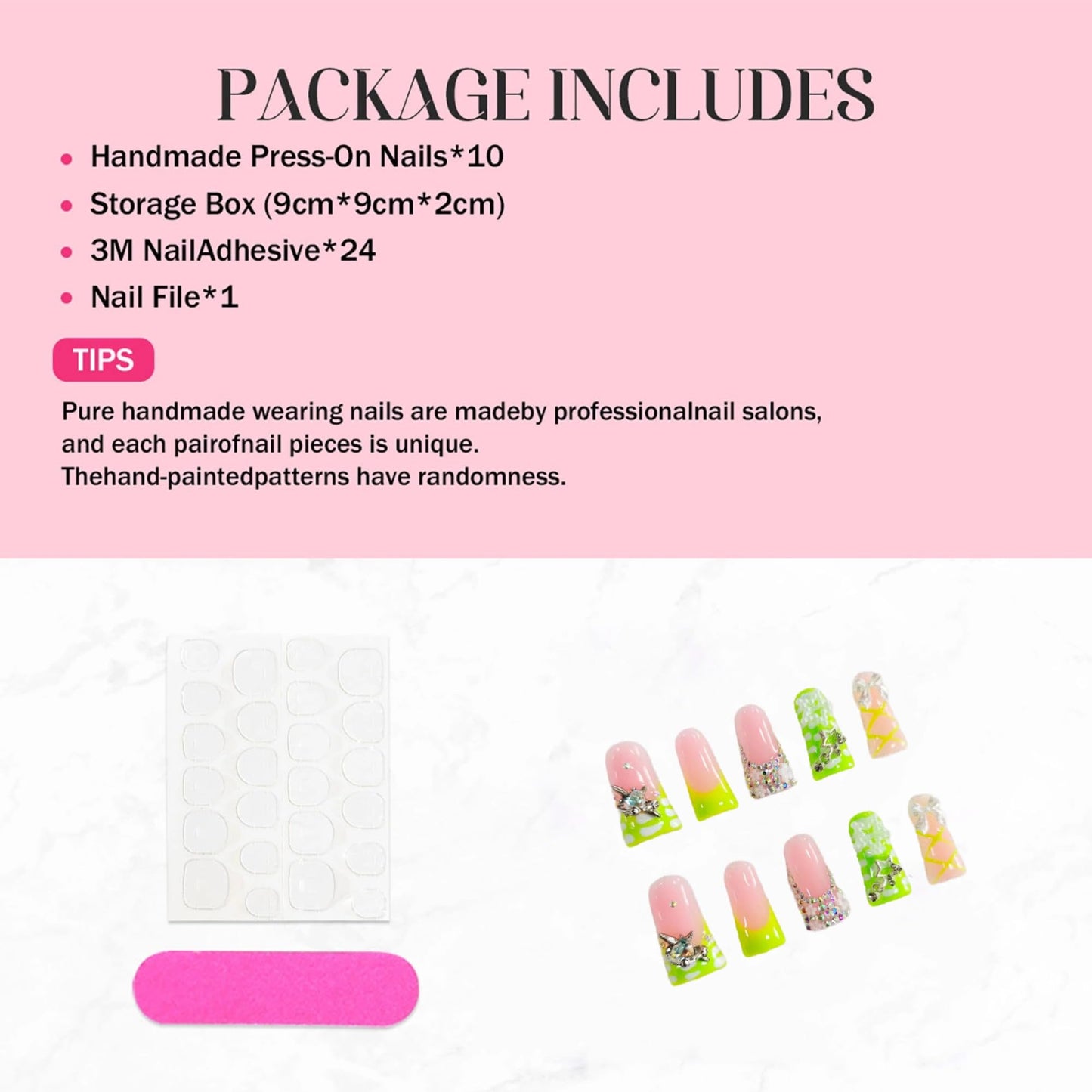 Luxury Press on Nails Long Duck Handmade Fake Nails Green French 3D Bow False Nails with Rhinestones Charms Designs Reusable Artificial Sparkly Acrylic Nails Press ons for Women 10Pcs (Size M)