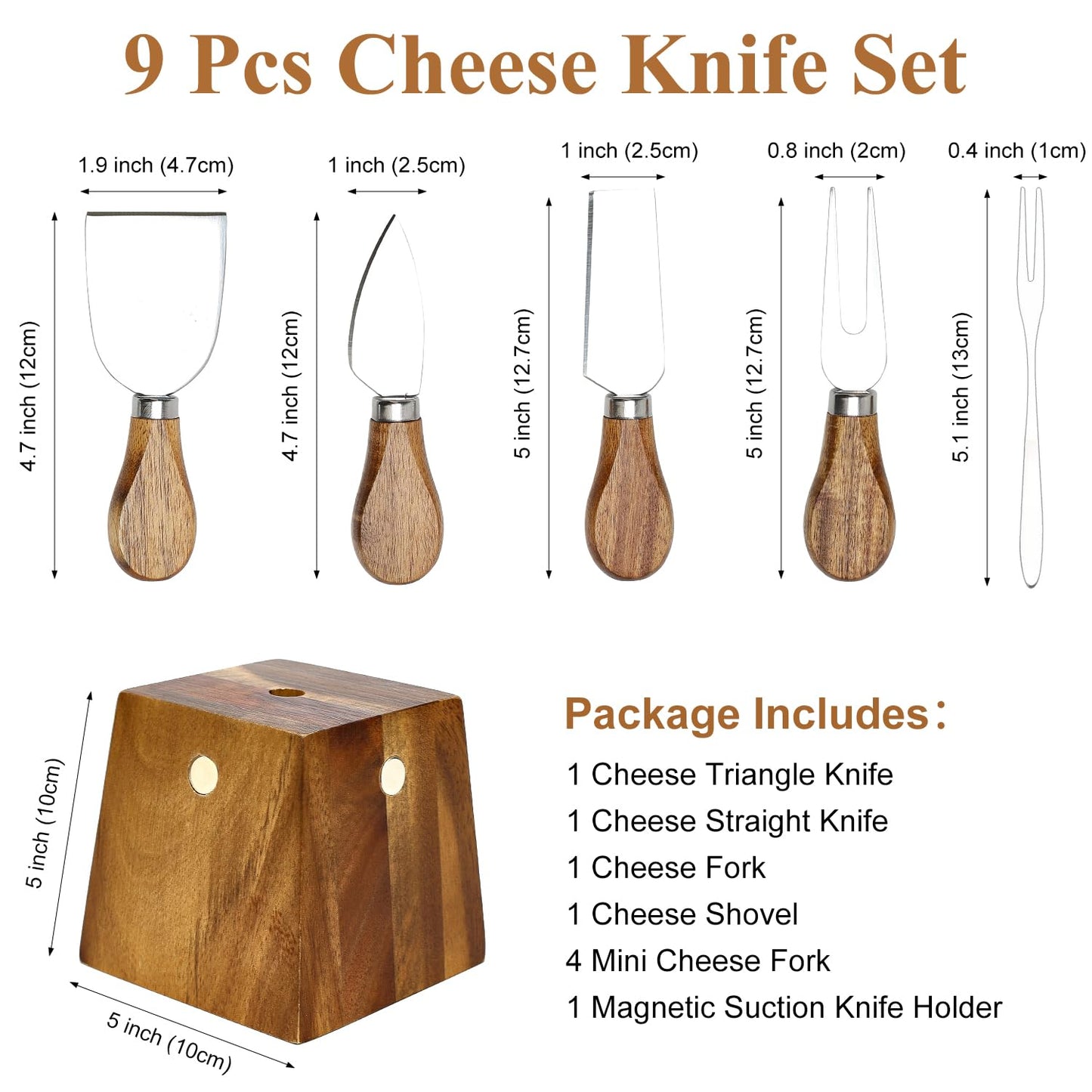 9 Pack Cheese Knives with Holder Acacia Wood Charcuterie Serving Utensils Supplies Cheese Knife Set for Charcuterie Board Accessories Cheese Tools Gift Mini Butter Knife Spreader Slicer Fork