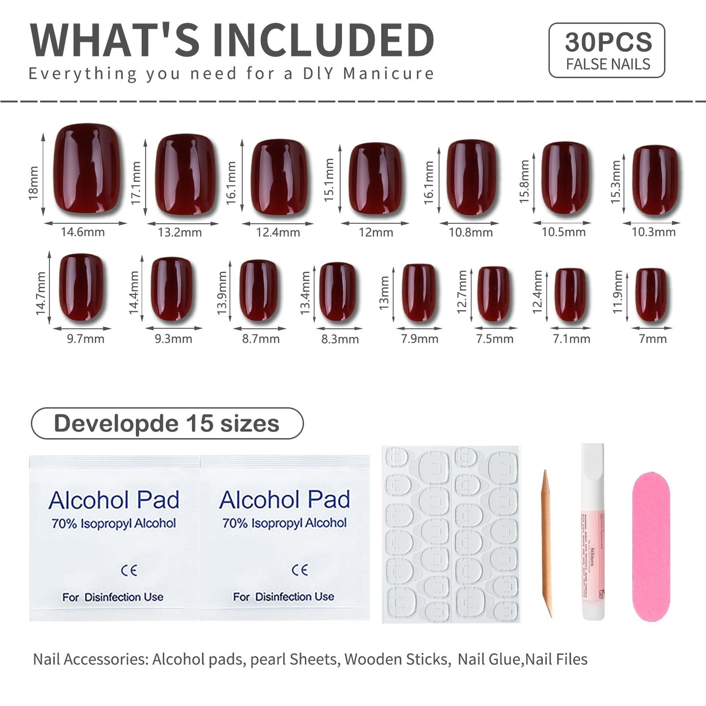 Stbisen Wine Red Press On Nails Short Square, 30Pcs 15 sizes, Glossy Burgundy Fake Nails, Reusable Thick Natural Glue On Nails for Women Gift, Suitable for Work, Office Settings, and Everyday, 30Pcs