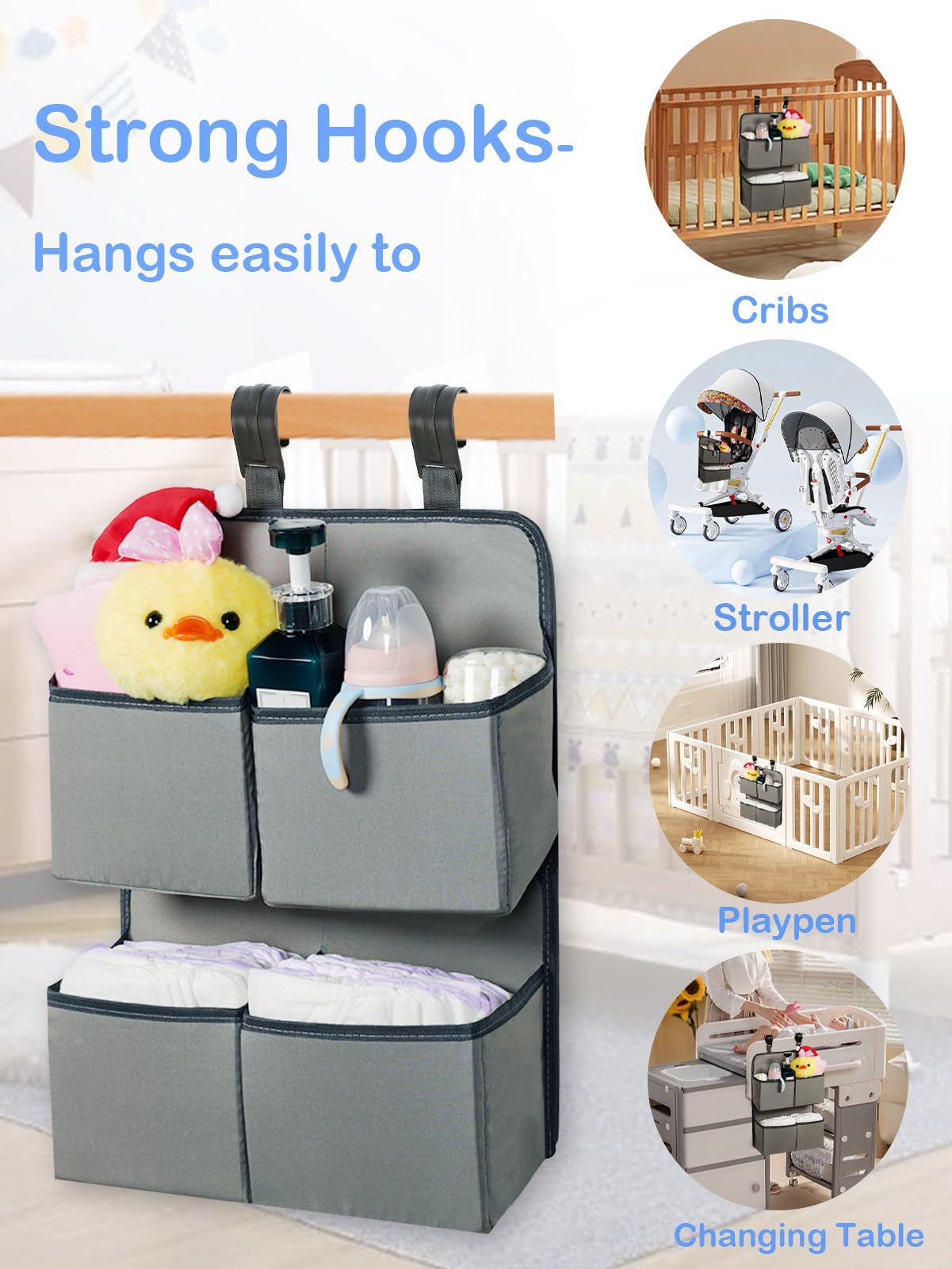KIKJOK Hanging Diaper Organizer for Crib/Playpen/Bassinet – Hold 80+ Diapers - 4 Deep Pockets-H19in x L15 in Changing Table Diaper Holder - Hanging Diaper Storage Stacker Nursery Caddy - Gray