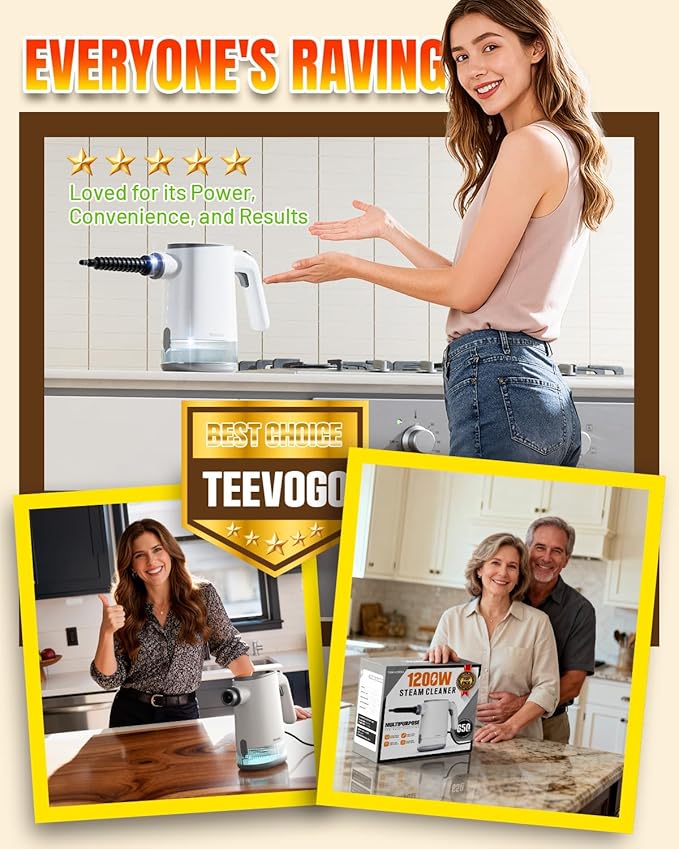 TEEVOGO Pressurized Steam Cleaner, 15s Instant Heat Handheld Steam Cleaner, Upgrade 650ML Tank, Lightweight Portable Steamer for Cleaning Home, Kitchen, Grout, Floor, Window, Car, Bathroom and Clothes