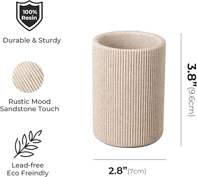 Small Sand Beige Toothbrush Holder for Bathroom Countertop, Modern Boho Farmhouse Style, Multi-Purpose Organizer, Rust-Proof Unbreakable Resin Cup