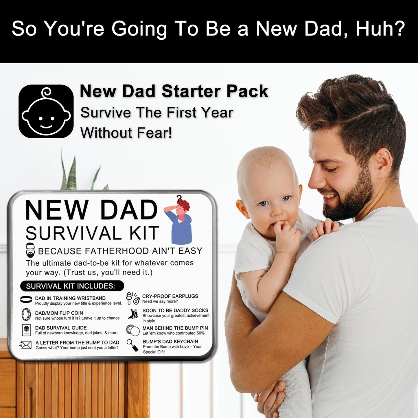 Funny New Dad Gift Set – 8-Piece First-Time Dad Kit for Baby Shower & Gender Reveal – Includes Socks, Decision Coin, Keychain, Guide Card, Wristband & More – Unique Gift for Expecting Fathers!
