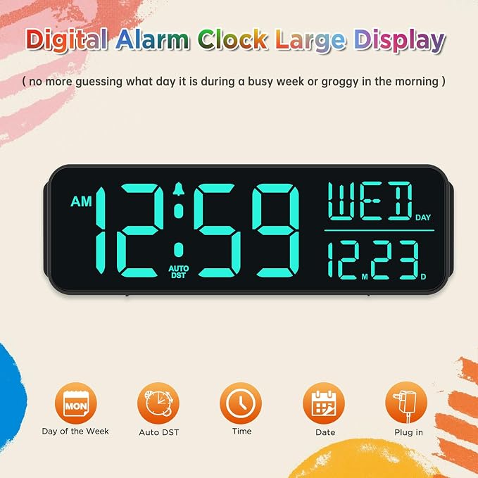 Peakeep Large Display Digital Alarm Clock for Bedroom with Date Day of Week