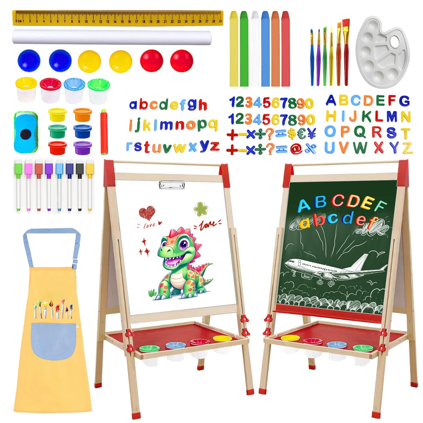 Juivin Double Sided Chalk & White Board Magnetic Art Easel for Kids, Adjustable Height Wooden Easel with Alphabet Numbers, Paper Roll, Educational Toys for Toddlers