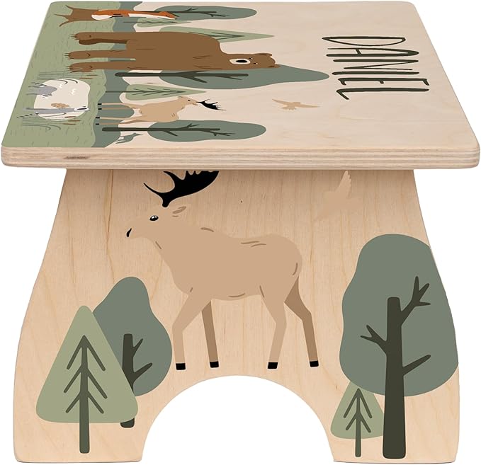 Woodland Step Stool for Toddlers- Personalized Wood Kids Step Stool with Name for Kitchen Sink, Bathroom, Potty Training, Toilet, Kitchen Sink- Sturdy and Safe- Made in USA by BloomOwl (Woodland Bear)