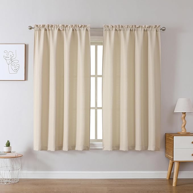 Chyhomenyc Bedroom Curtains 45 Inch Length 2 Panels, Faux Linen Textured Semi Light Filtering Soft Airy Rod Pocket Window Treatment Drapes for Living Room, Each 30Wx45L Inches, Linen Color
