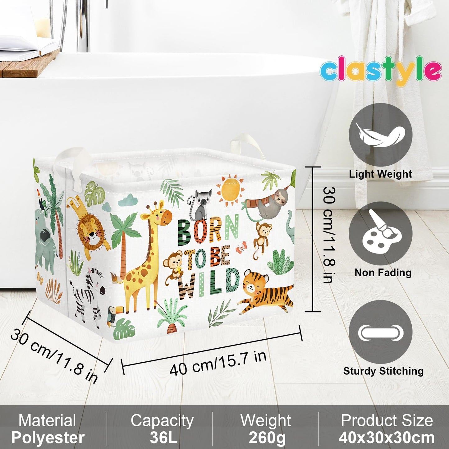 Clastyle 36L Boho Tropical Animal Tree Elephant Kid Storage Basket Rectangle Giraffe Lion Tiger Clothes Toy Nursery Bin Book Shelf Basket
