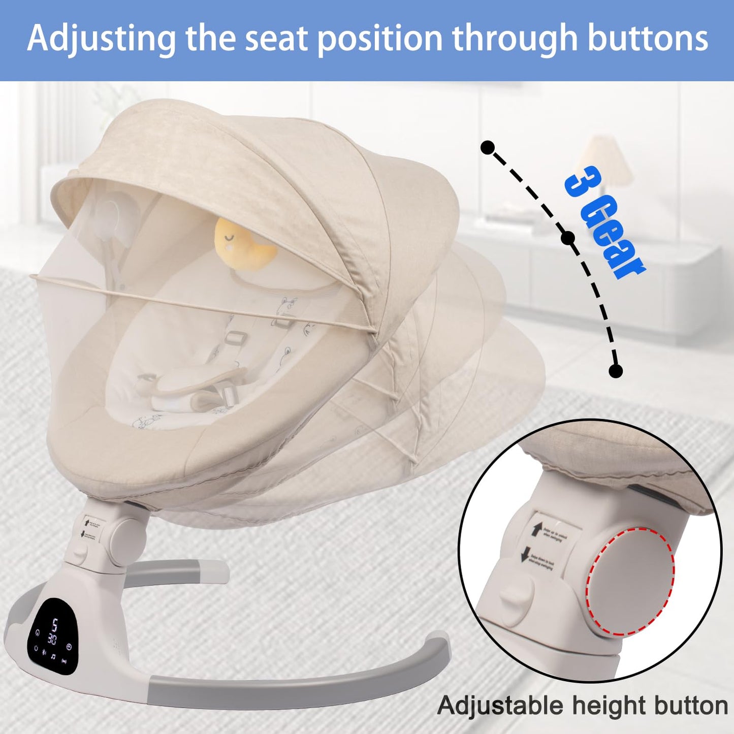 Baby Swing for Infants to Toddler Portable Babies Swing Timing Function 5 Swing Speeds Bluetooth Touch Screen Music Speaker with 10 Preset Lullabies 5-Point Carabiner (Ivory White)