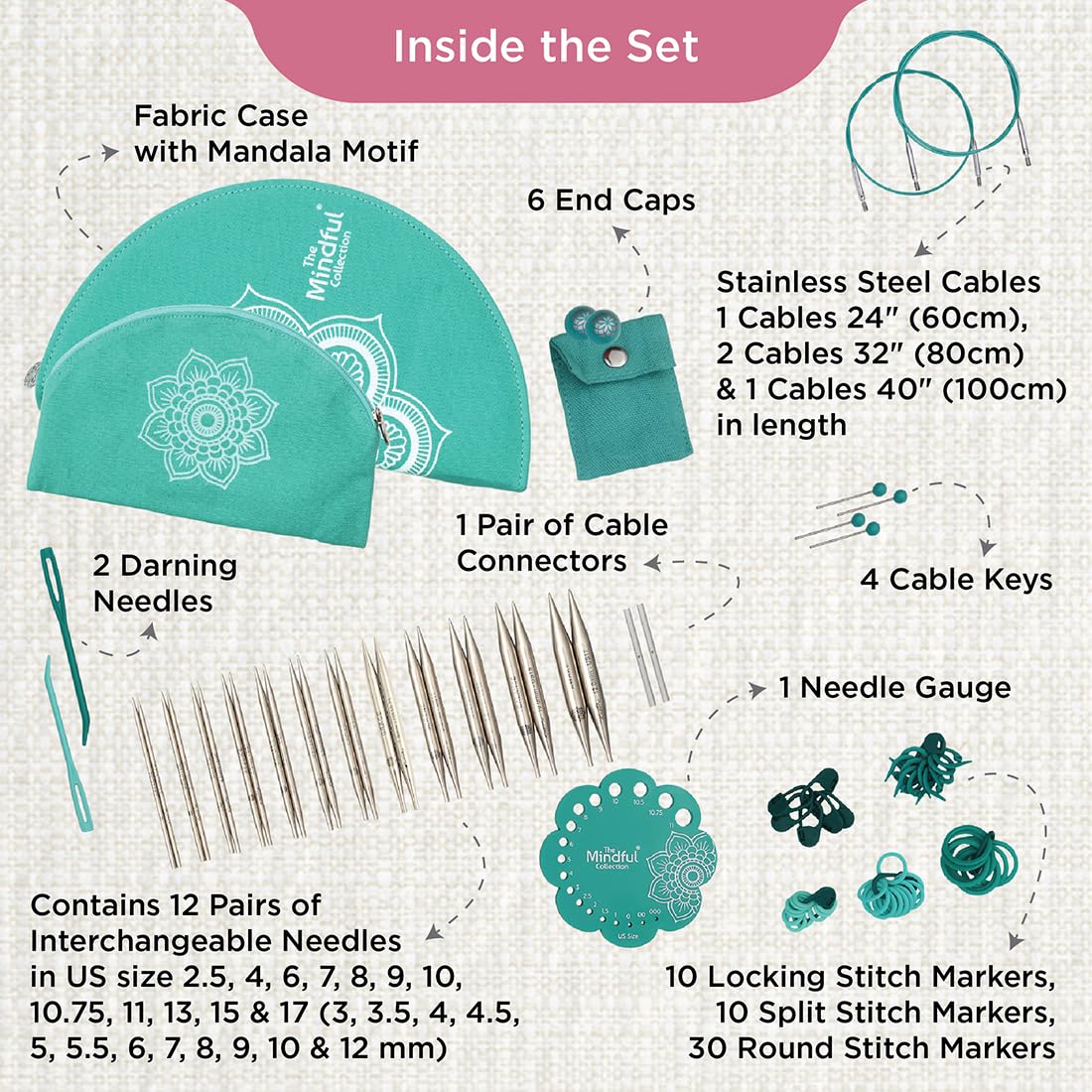 KnitPro The Mindful Collection Gratitude Interchangeable Needles Set 5" (13cm) | 12 US Sizes (2.5-17) with Accessories