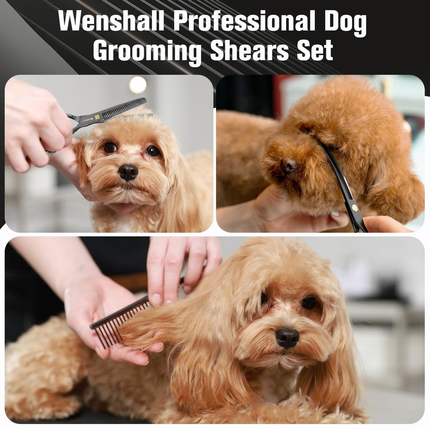 Wenshall Professional Dog Grooming Scissors Set - 6.5" Thinning, 7" Straight, 7" Up-Curved, 7" Down-curved Scissors and Comb for Dog Cat Pet (Black)