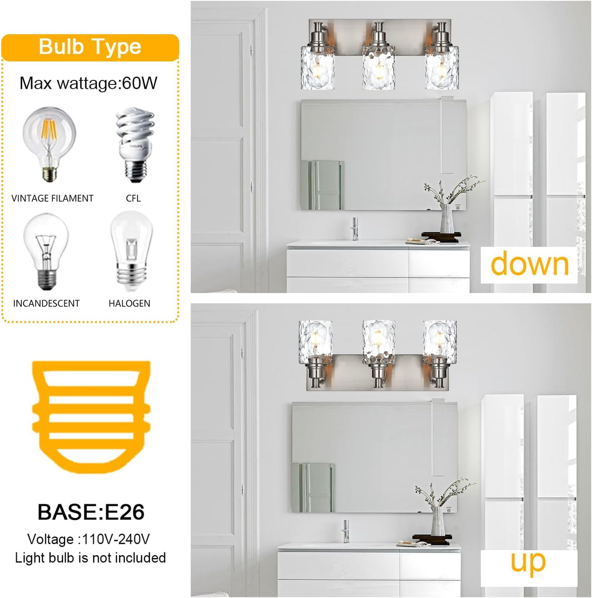 BONLICHT Bathroom Vanity Light Fixtures 3 Lights Modern Wall Sconce Brushed Nickel with Metal Base and Hammered Glass Shade, Industrial Farmhouse Bath Wall Lights for Hallway Kitchen Bedroom