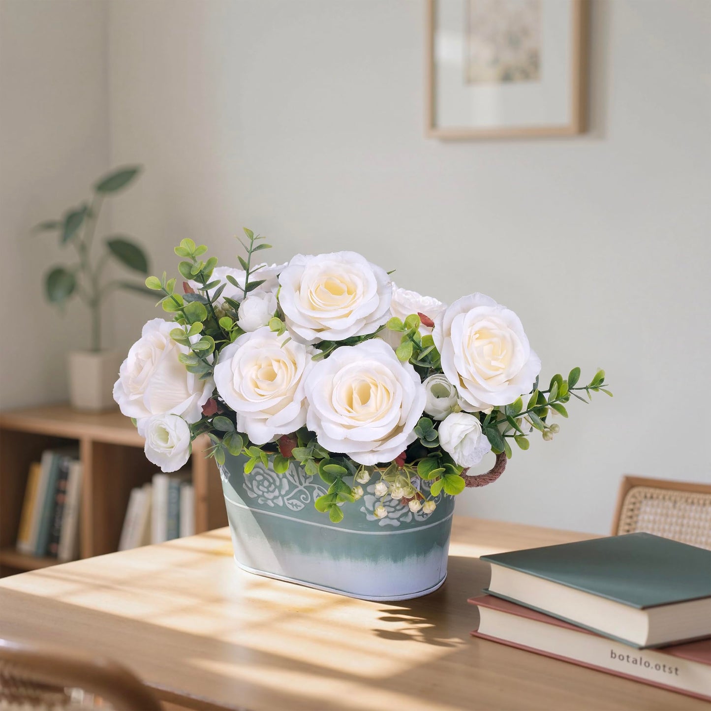 Artificial Rose Flower Arrangement for Table Centerpiece, Farmhouse White Silk Flowers with Eucalyptus in Rustic Galvanized Metal Po Faux Floral Centerpiece for Dining Table, Home, Office Décor