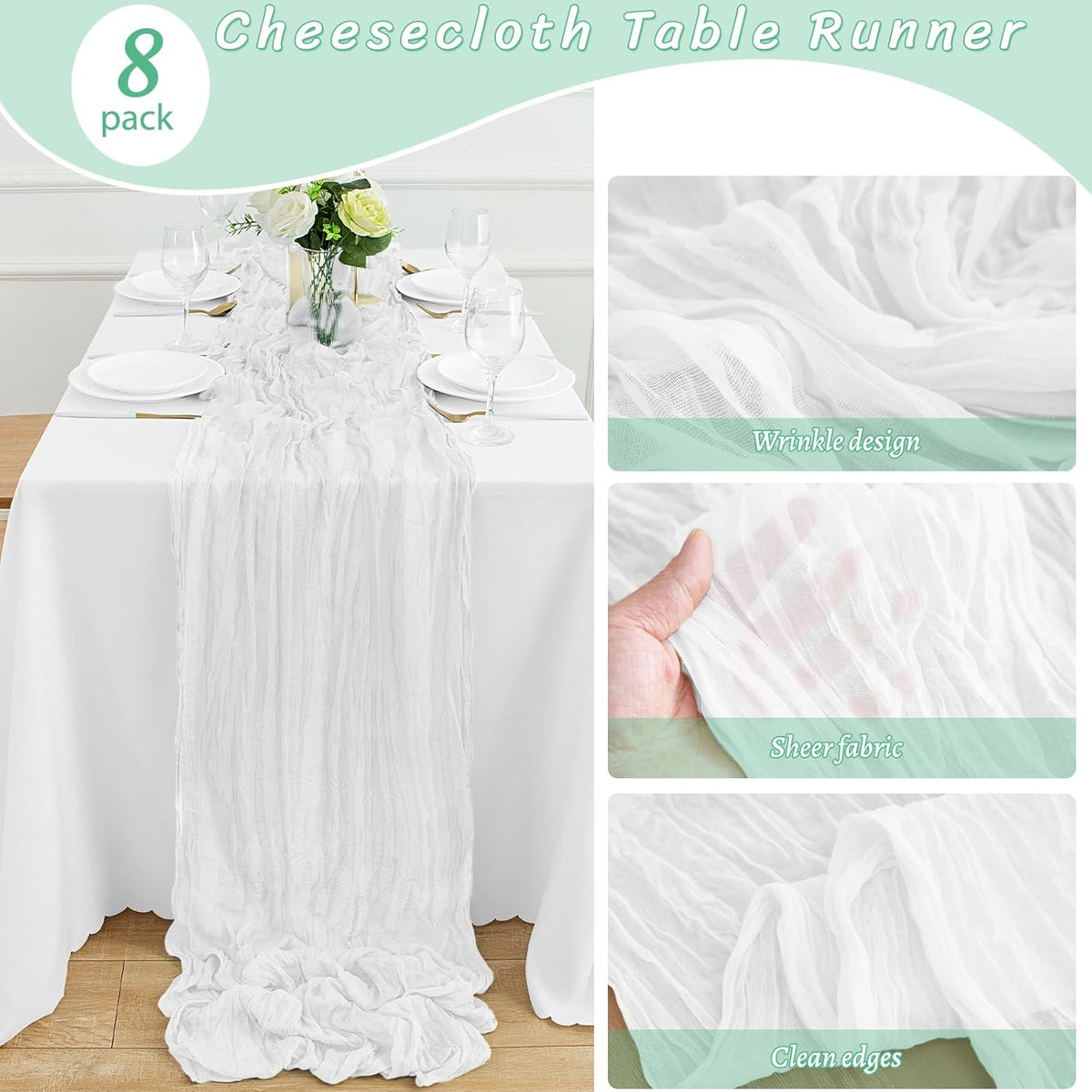 Dugpit 8-Pack White Cheesecloth Table Runner 10FT – Boho Rustic Gauze Runner for Weddings & Parties