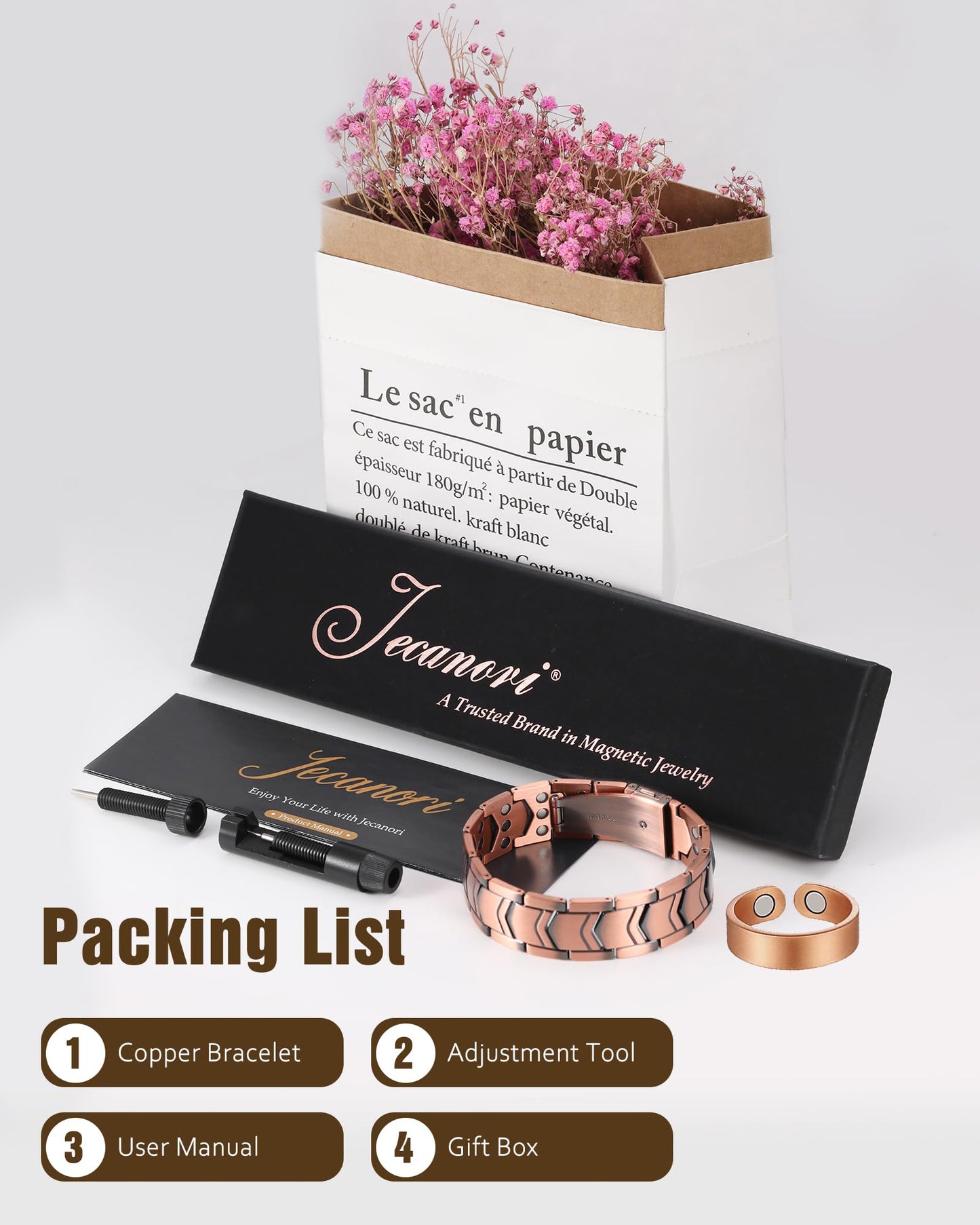 Jecanori Copper Bracelet for Men, 3X Strength Magnetic Bracelets for Men With Ring，Ideal Gift