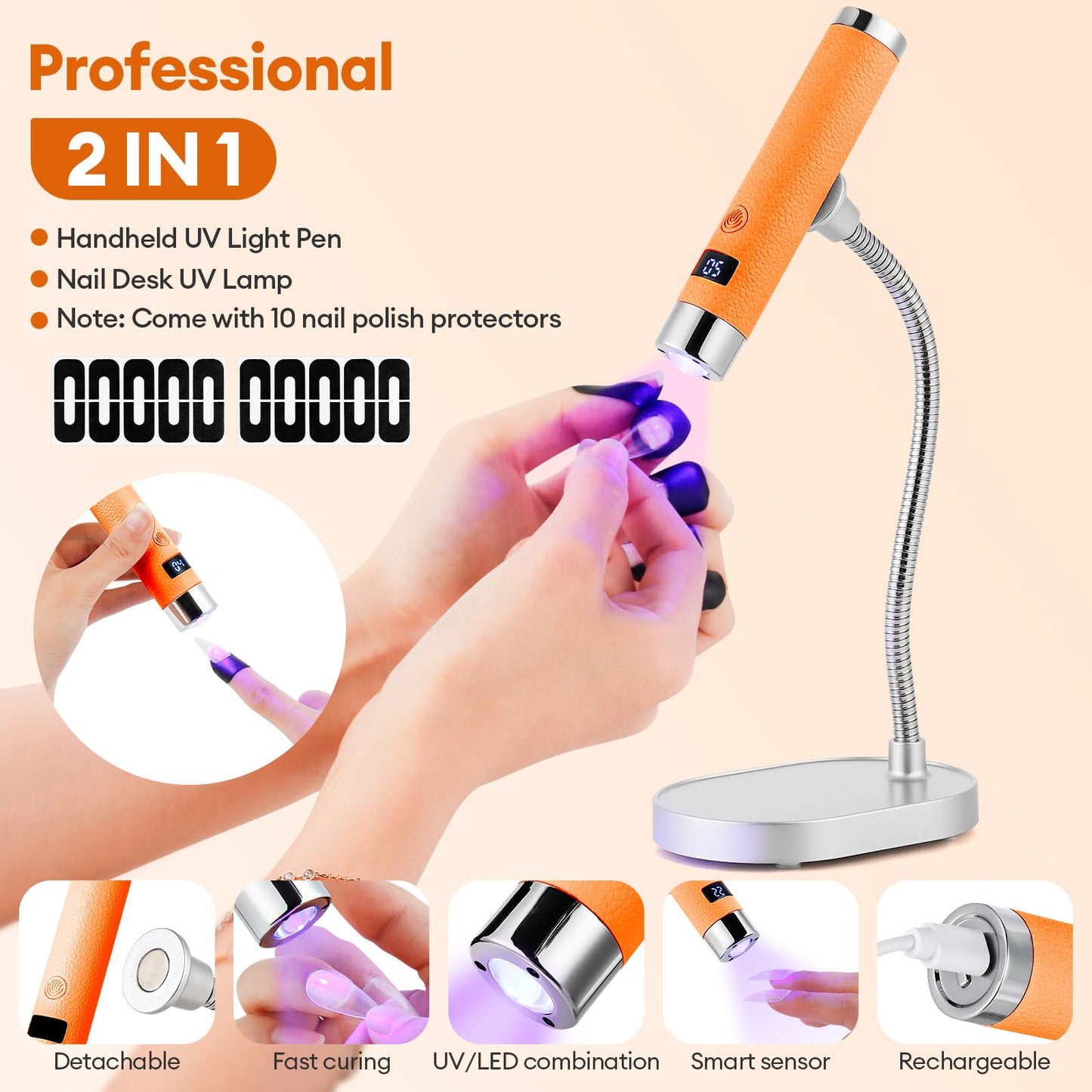 LIARTY UV Nail Lamp Cordless: Mini Rechargeable Auto Sensor LCD Display 2 Timers - Gooseneck Flash Curing Light Pen for Gel Nails Polish with Base (Orange)
