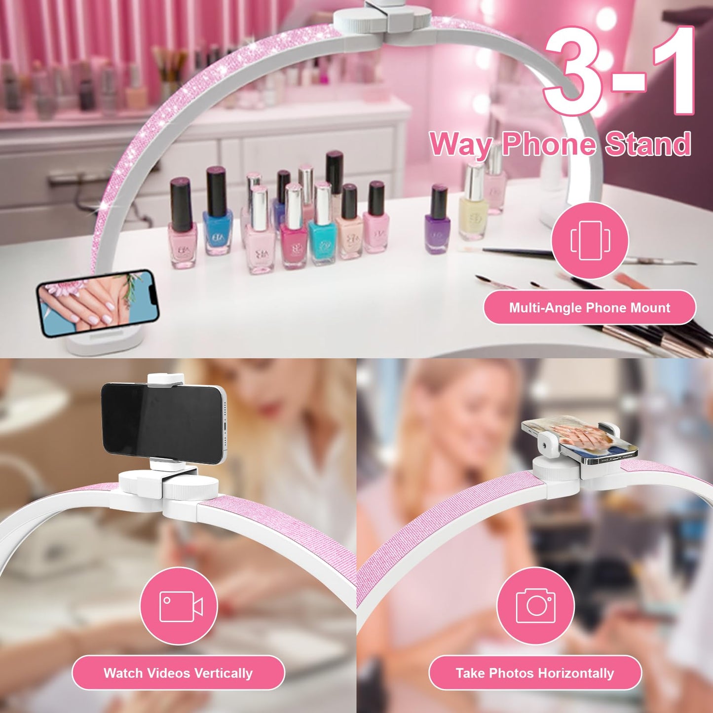 obcd Half Moon Light for Nail Desk 31" Foldable LED Nail Desk Lamp with Phone Holder, Professional Nail Tech Light for Manicure & Beauty Studio