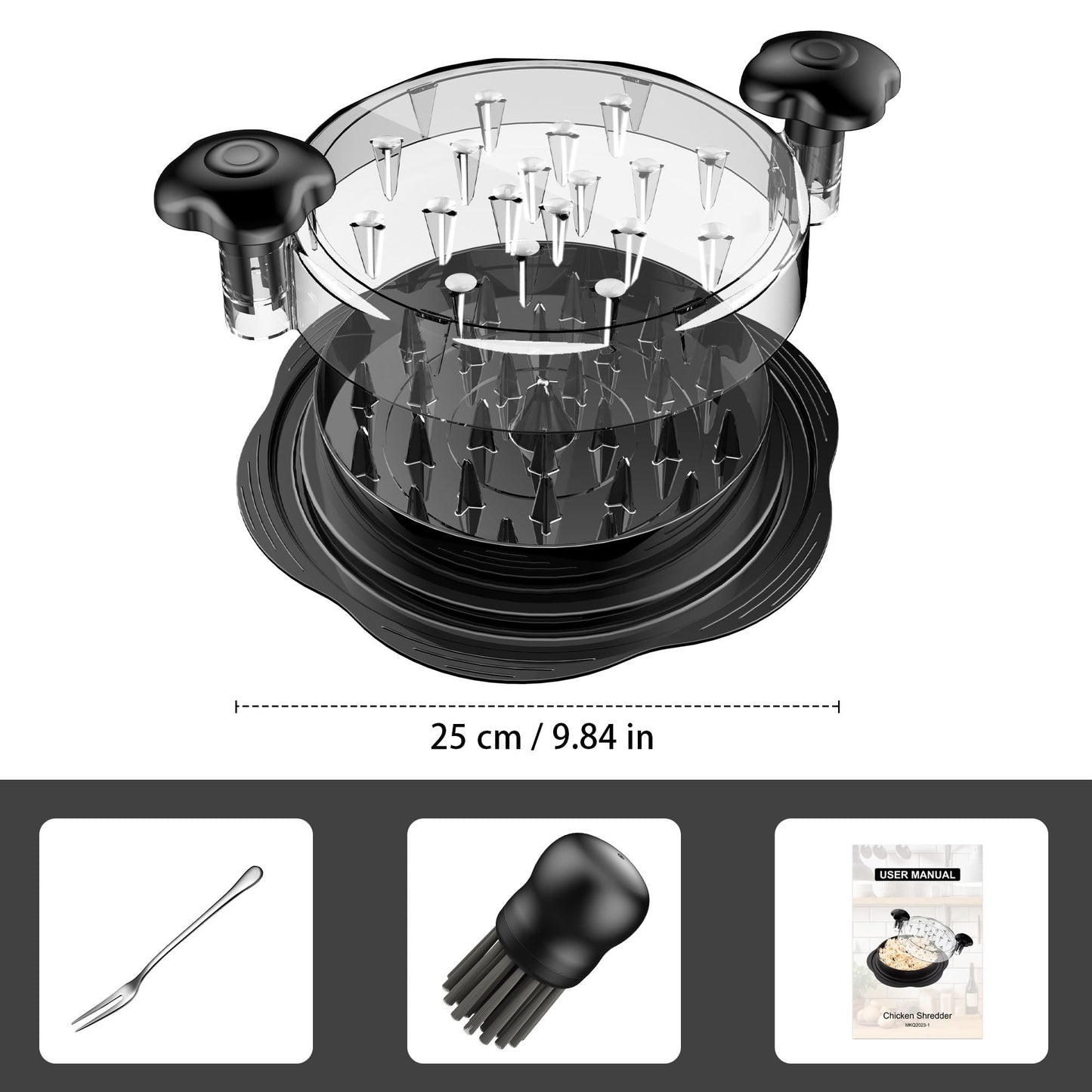SURETIVIAN Chicken Shredder Large Chicken Breast Shredder Tool Twist with Brush&Fork, Visible Meat Shredder Machine, Strong Anti-Slip Strip, Ergonomic Handle, BPA Free, Suitable for Pork Beef Chicken