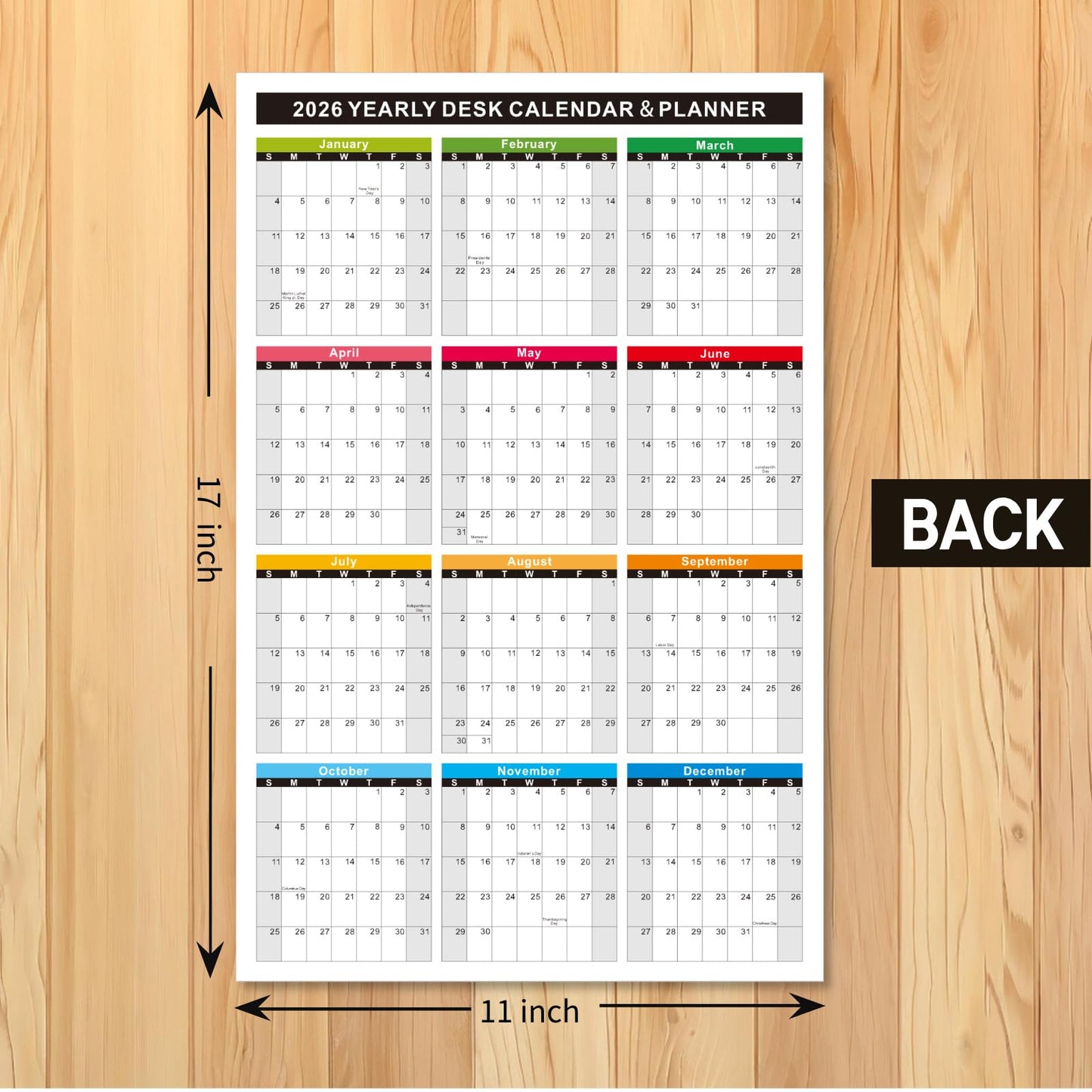 2026 Wall Desk Calendar 11x17 Inch, Reversible 2-Sided Horizontal or Vertical, 12 Month with Generous Block Space & Holidays Marked for Office, Home, School - 2 Pack (1 Laminated & 1 Cardstock)