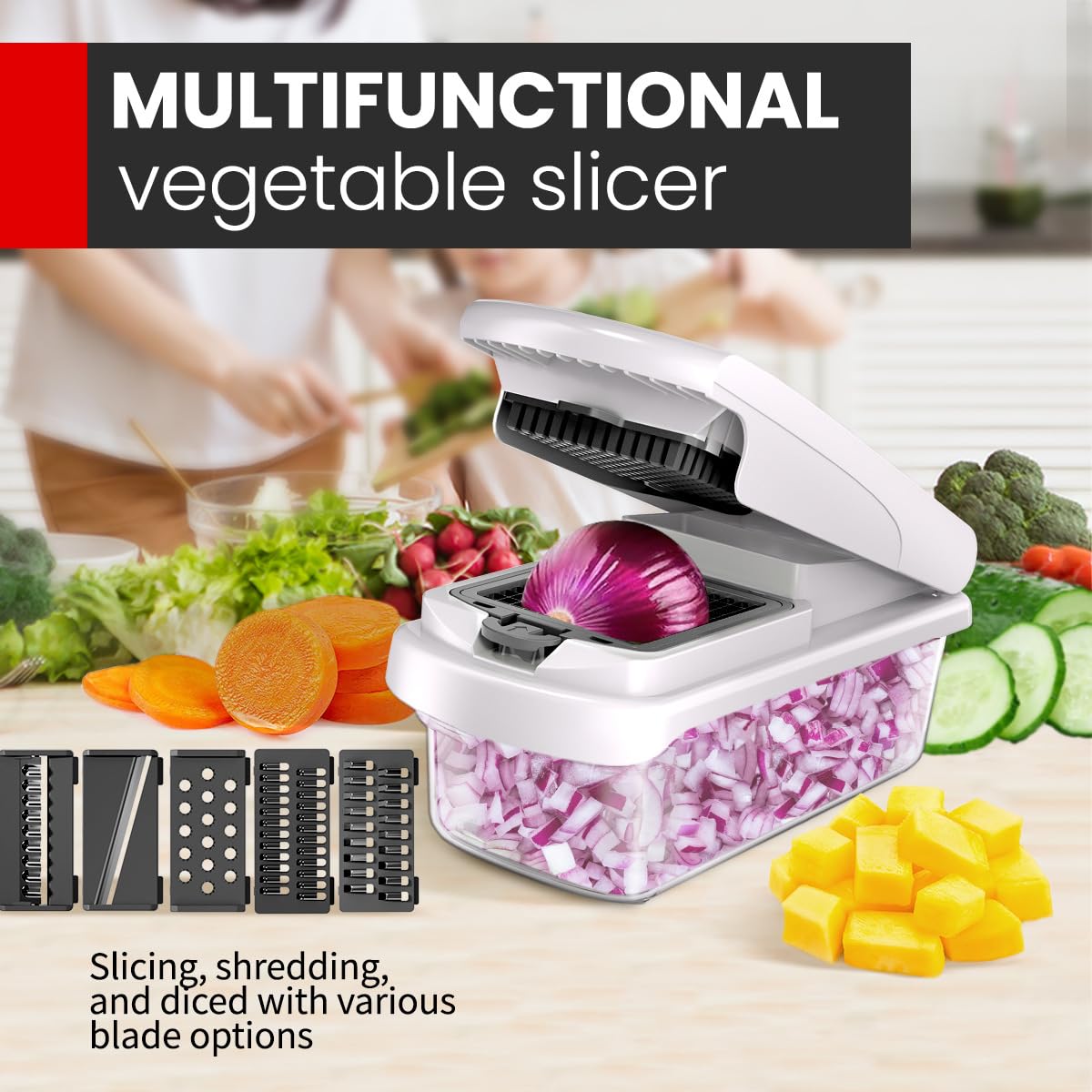11-in-1 Mandoline Vegetable Chopper Slicer - Multifunctional Food Dicer with Container, Onion Chopper Cutter for Salad, Fruit & Kitchen Essentials (Beige)