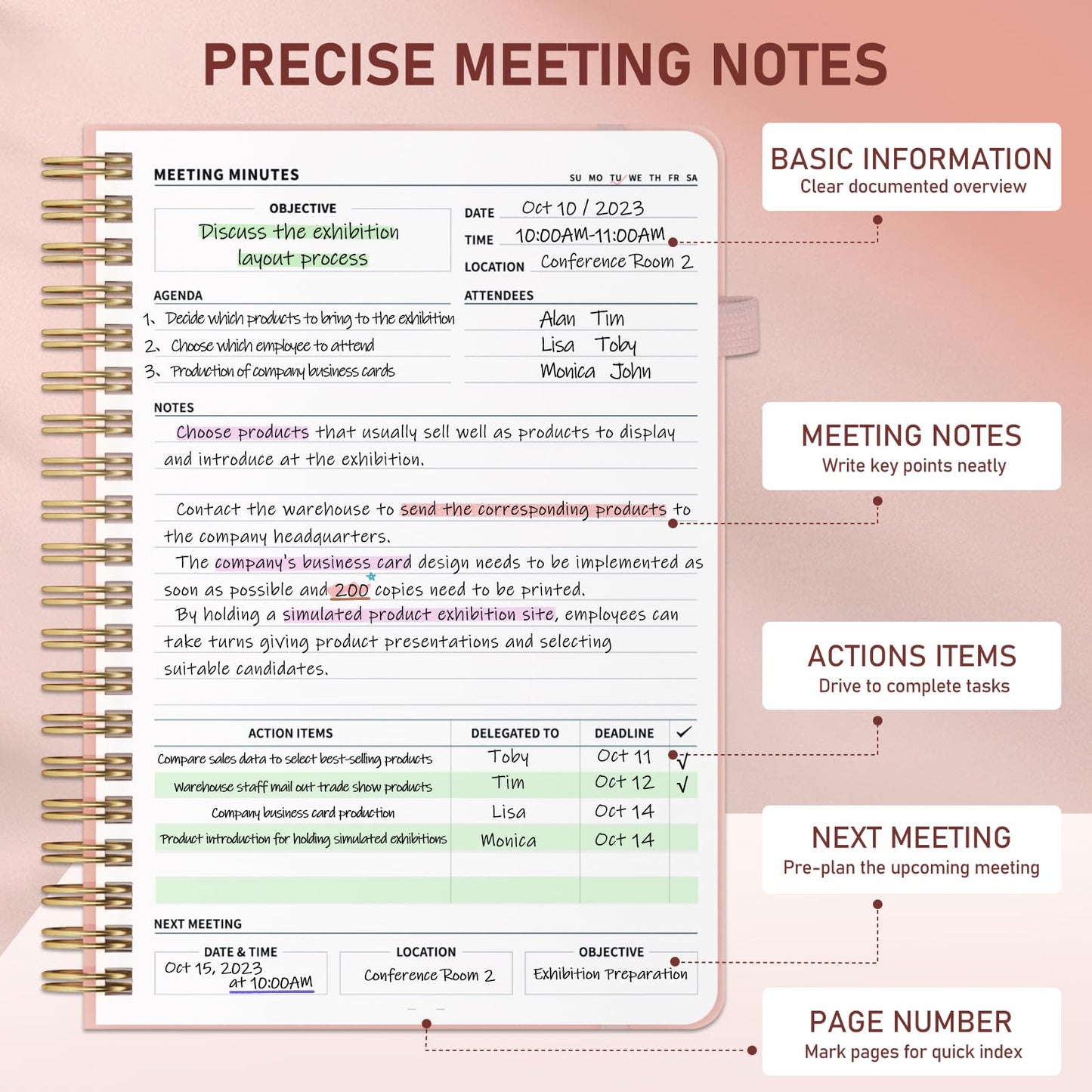 WEMATE Meeting Notebook for Work B5 (7"x10") - PU Leather Work Notebook with Agenda, Action Items & Notes - 200 Pages for Men&Women, Staff and Students, Meeting, Projects Planning -Rose Gold
