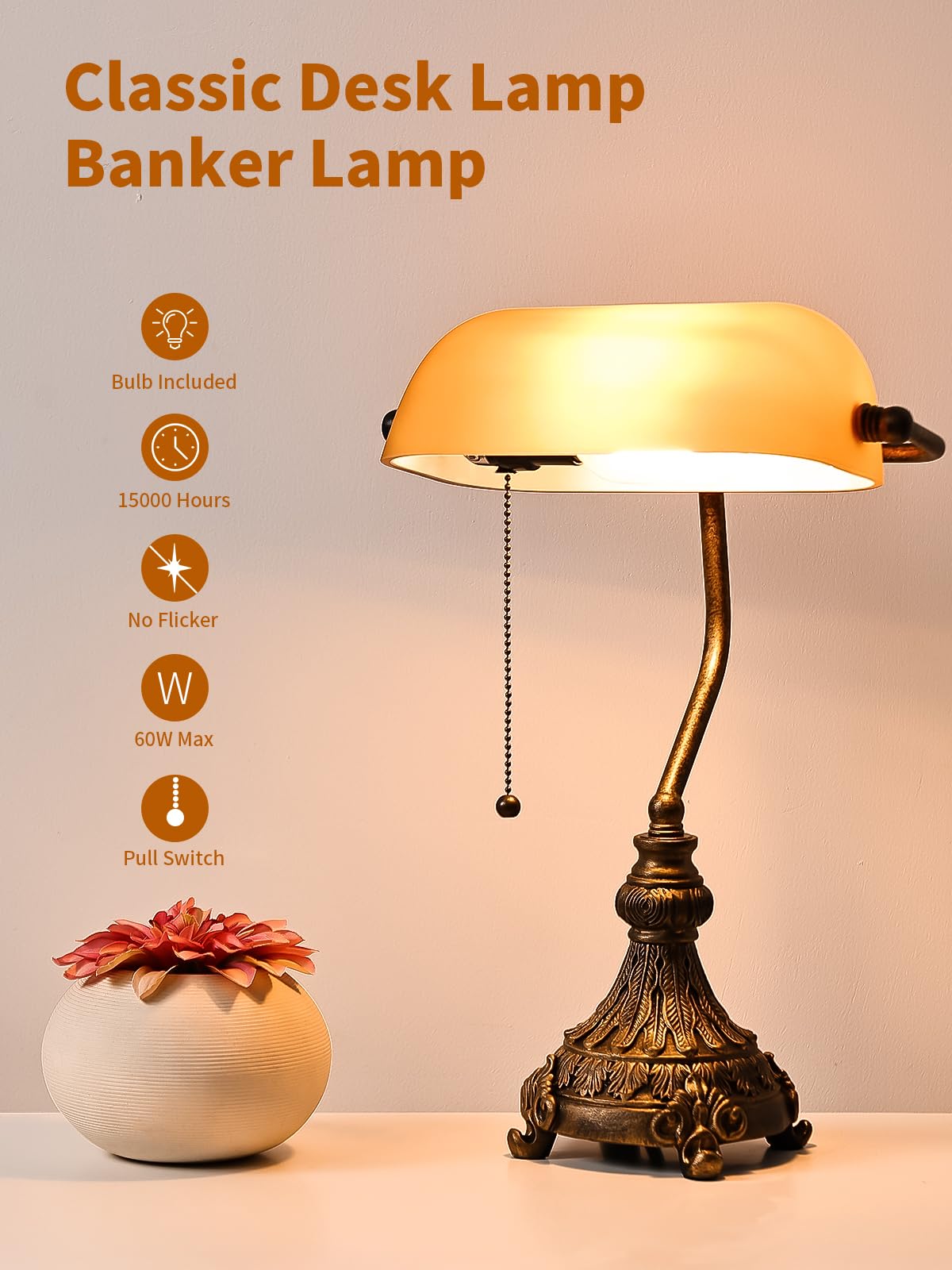 Newrays Vintage Amber Glass Bankers Desk Lamp for Home Office,Library with Pull Chain Switch Plug in Fixture, LED Bulb Included