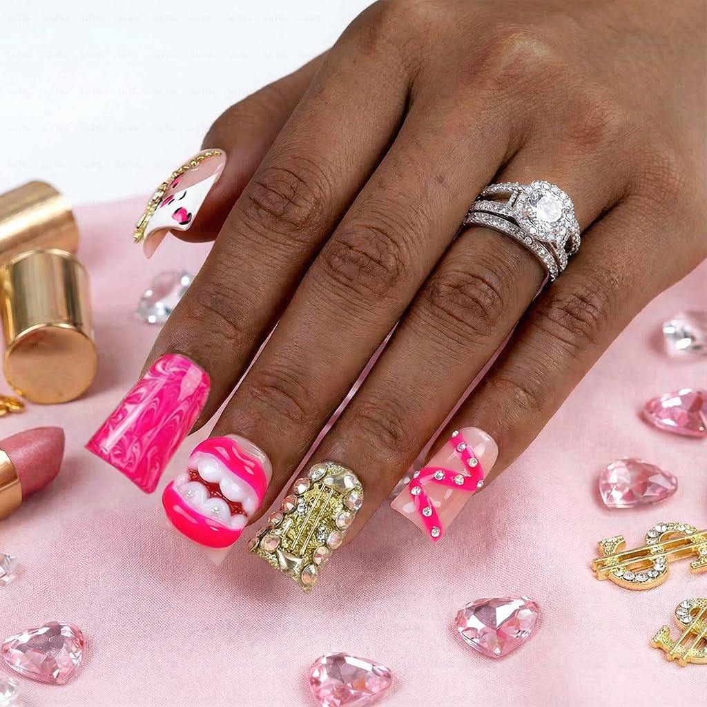 IntoVibes 10 Pieces Luxury Acrylic Press On Nails Short Handmade Duck Nails, Pink Thickened False French Nails, Exaggerated Red Lips And The Dollar Sign, Reusable Fake Nails, Acrylic Nails (L)
